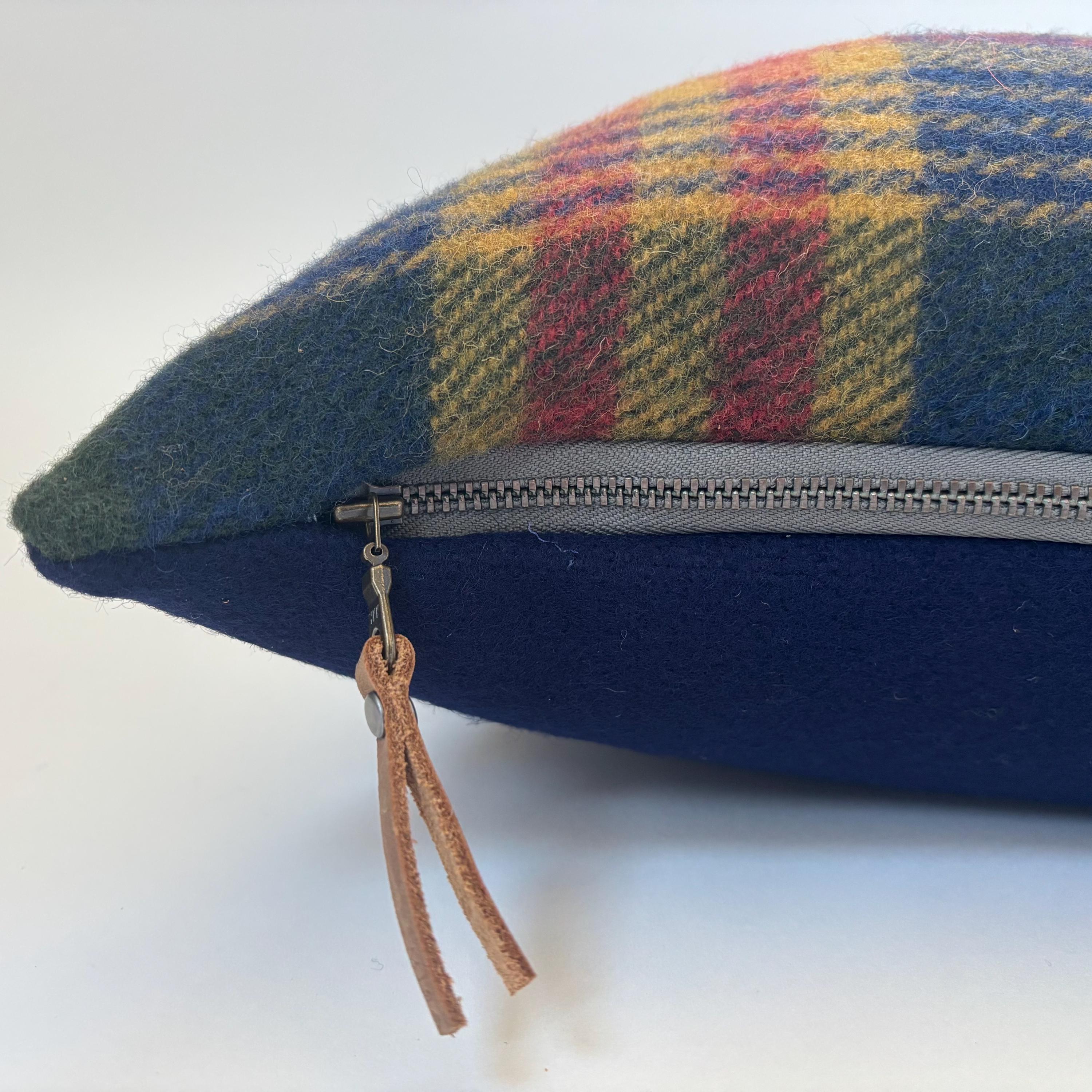 Wool Pillow Cover: Blue Gold Red Plaid, Leather Pull