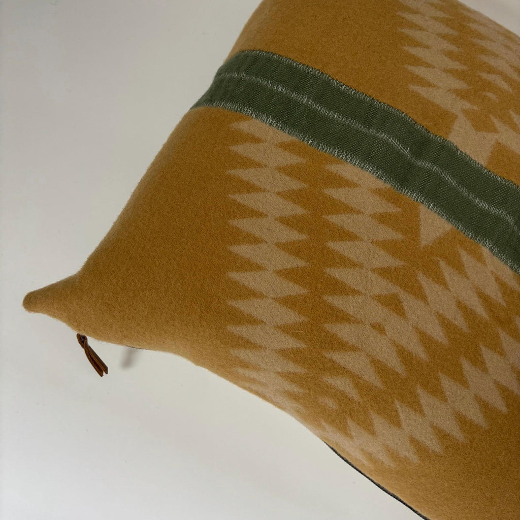 Wool Pillow Cover: Aztec Southwestern Design, Gold and green Leather Pull (18x18”)