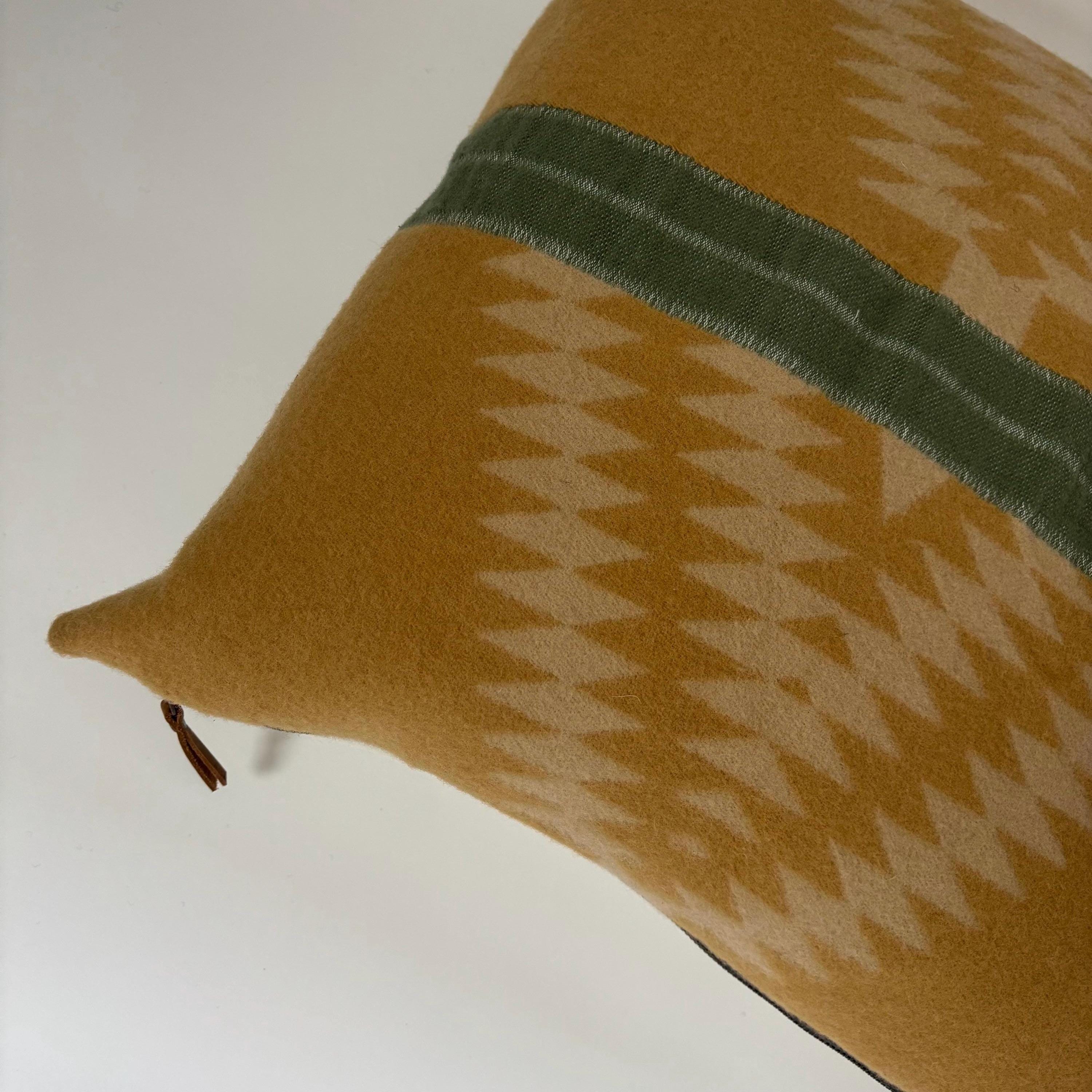 Wool Pillow Cover: Aztec Southwestern Design, Gold and green Leather Pull (18x18”)