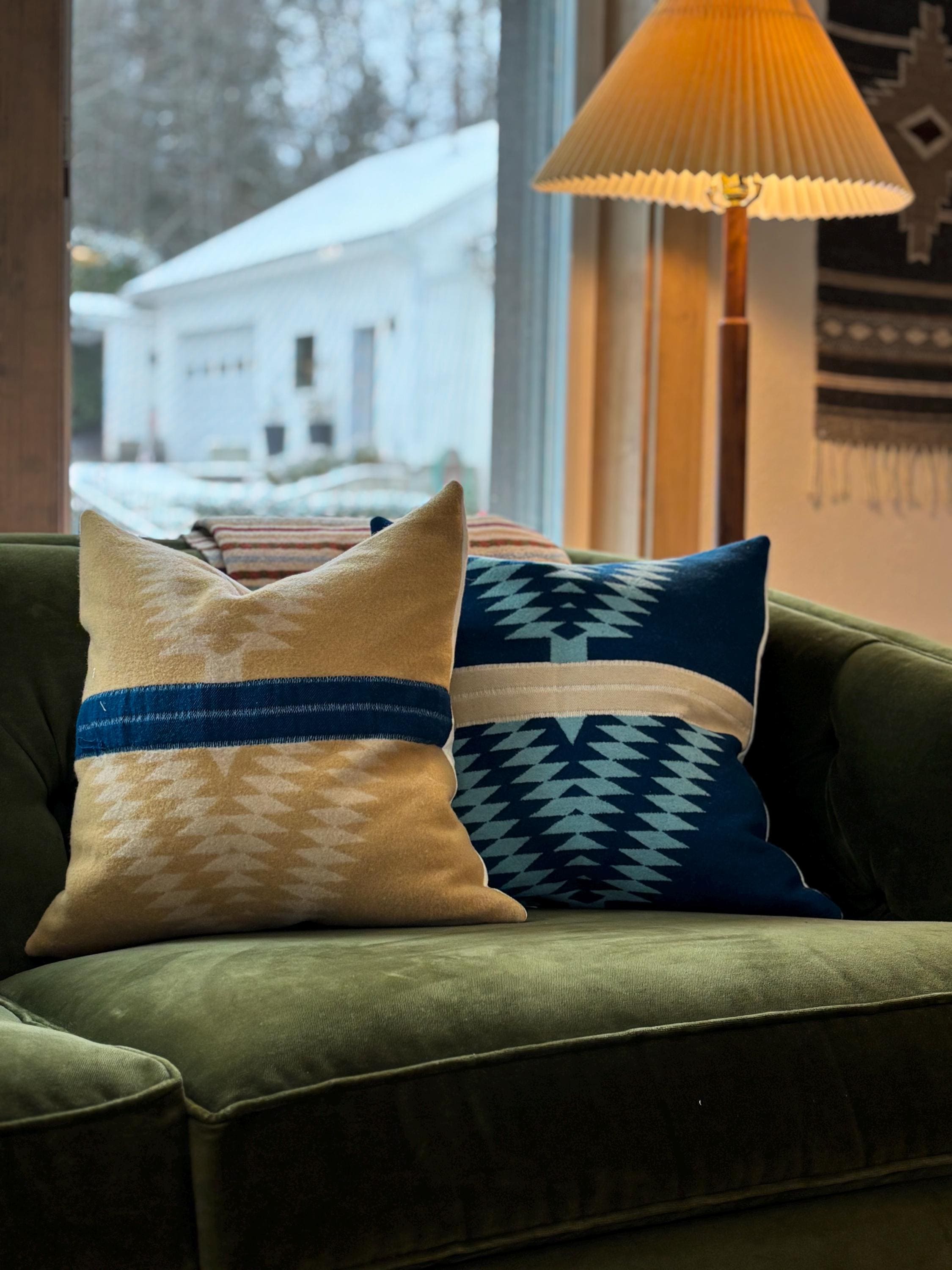 Wool Pillow Cover: Blue and cream Aztec Southwestern Design, 18x18”