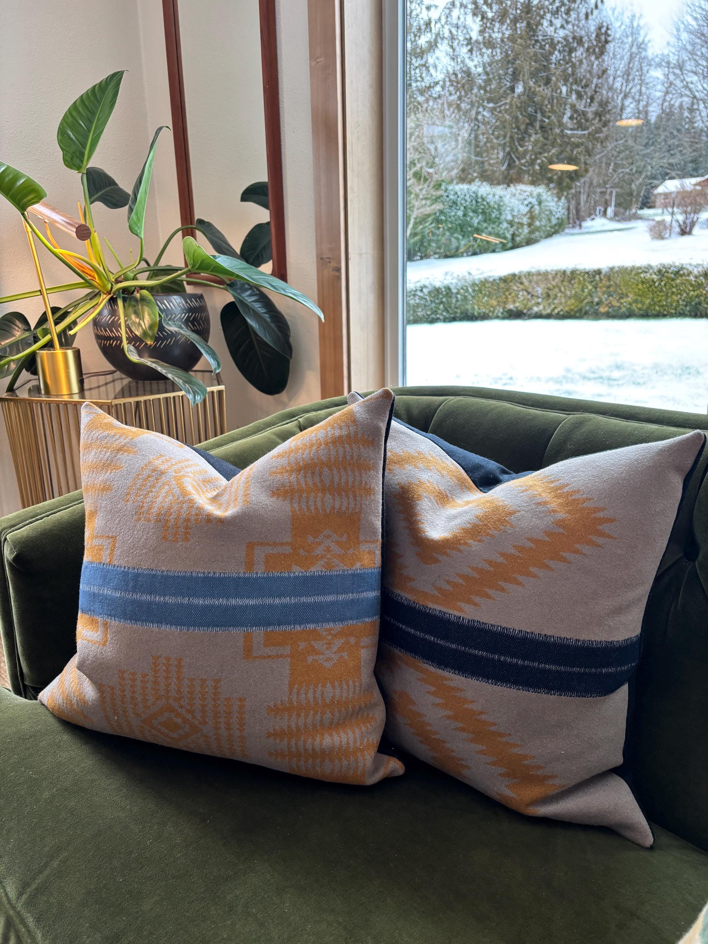 Wool Pillow Cover: Aztec Southwestern Design, Leather Pull (18x18”)