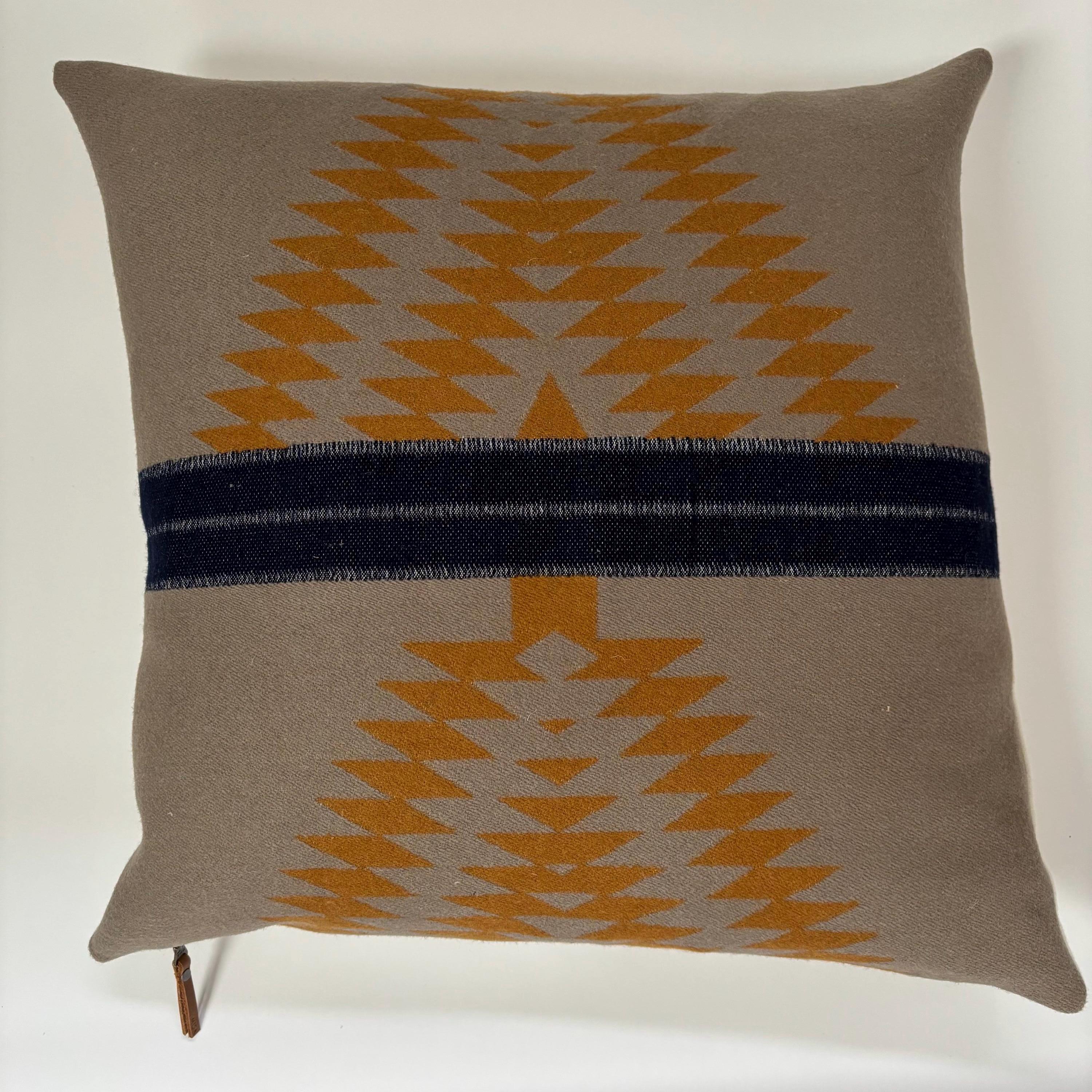 Wool Pillow Cover: Tan blue and gold Aztec Design, Leather Zipper Pull (18x18”)
