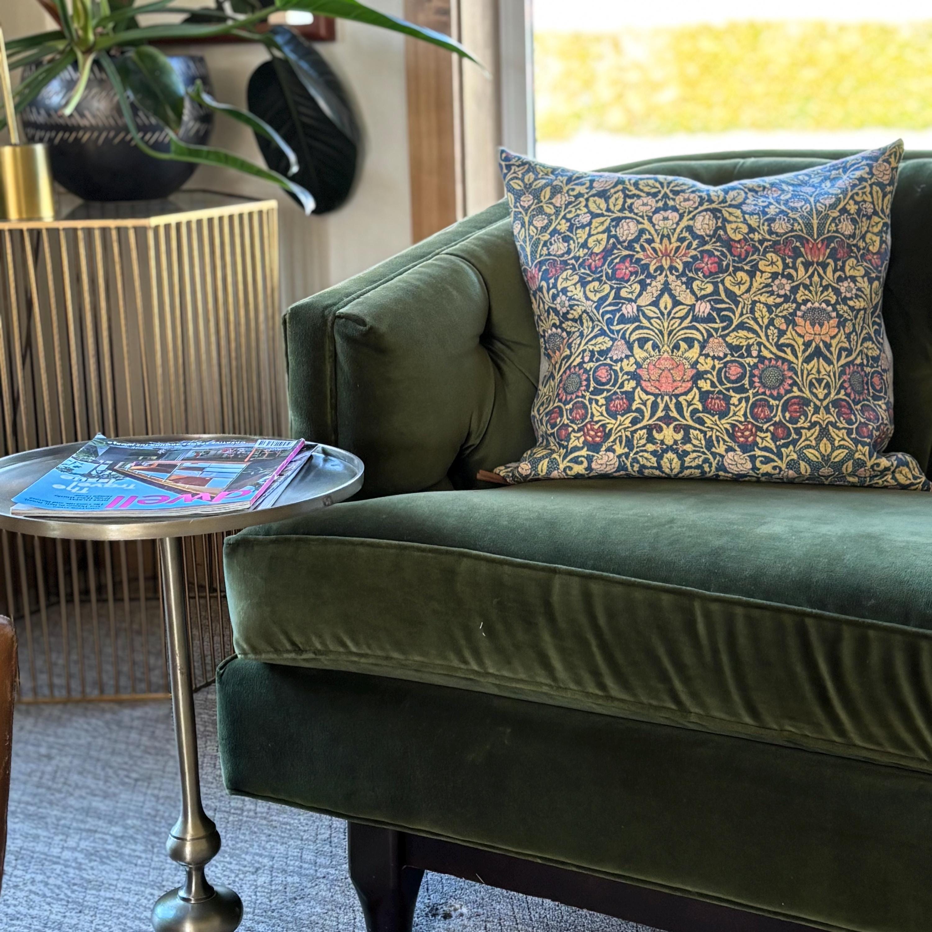 William Morris Floral Linen Pillow Cover: Blue & Yellow with Leather Pull