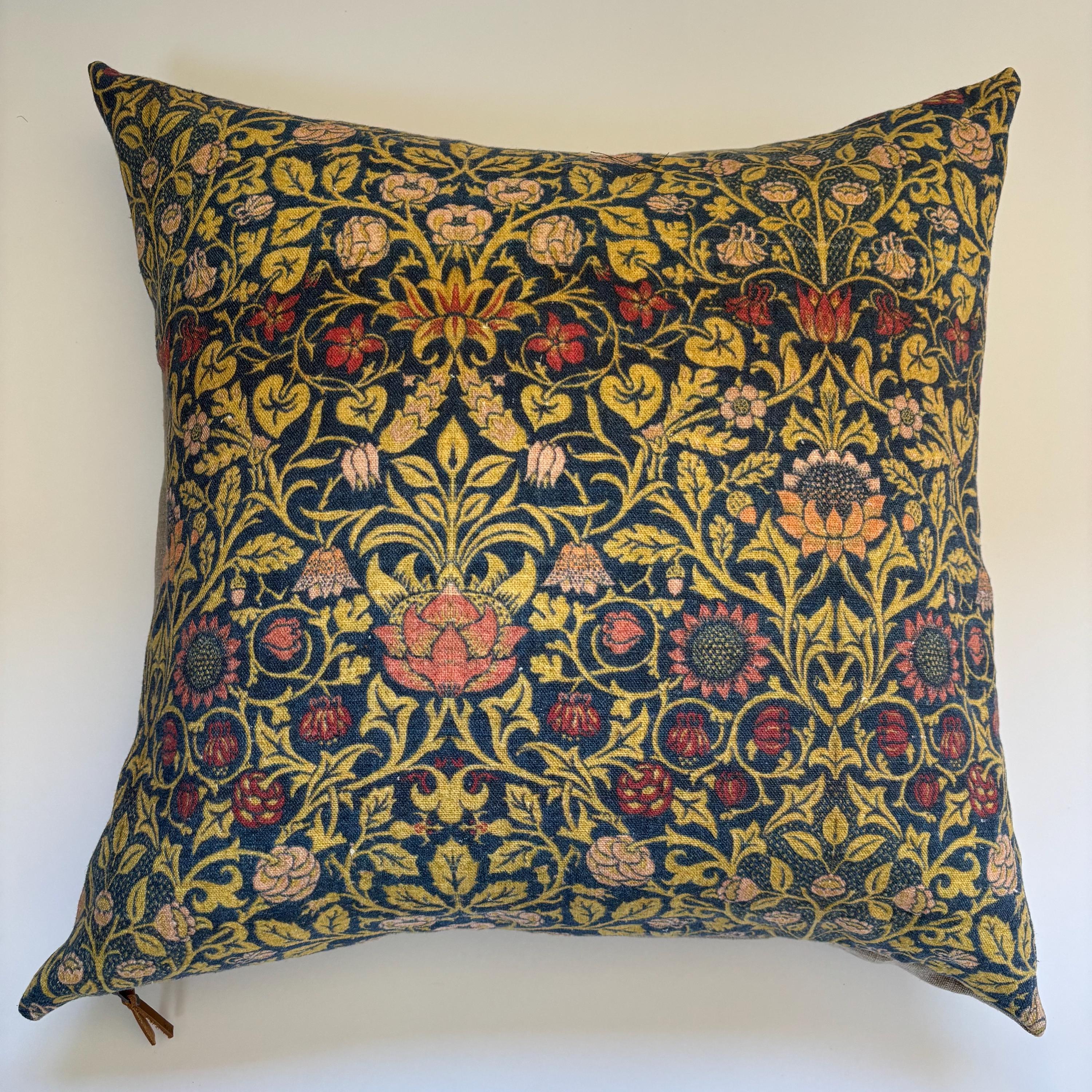 William Morris Floral Linen Pillow Cover: Blue & Yellow with Leather Pull