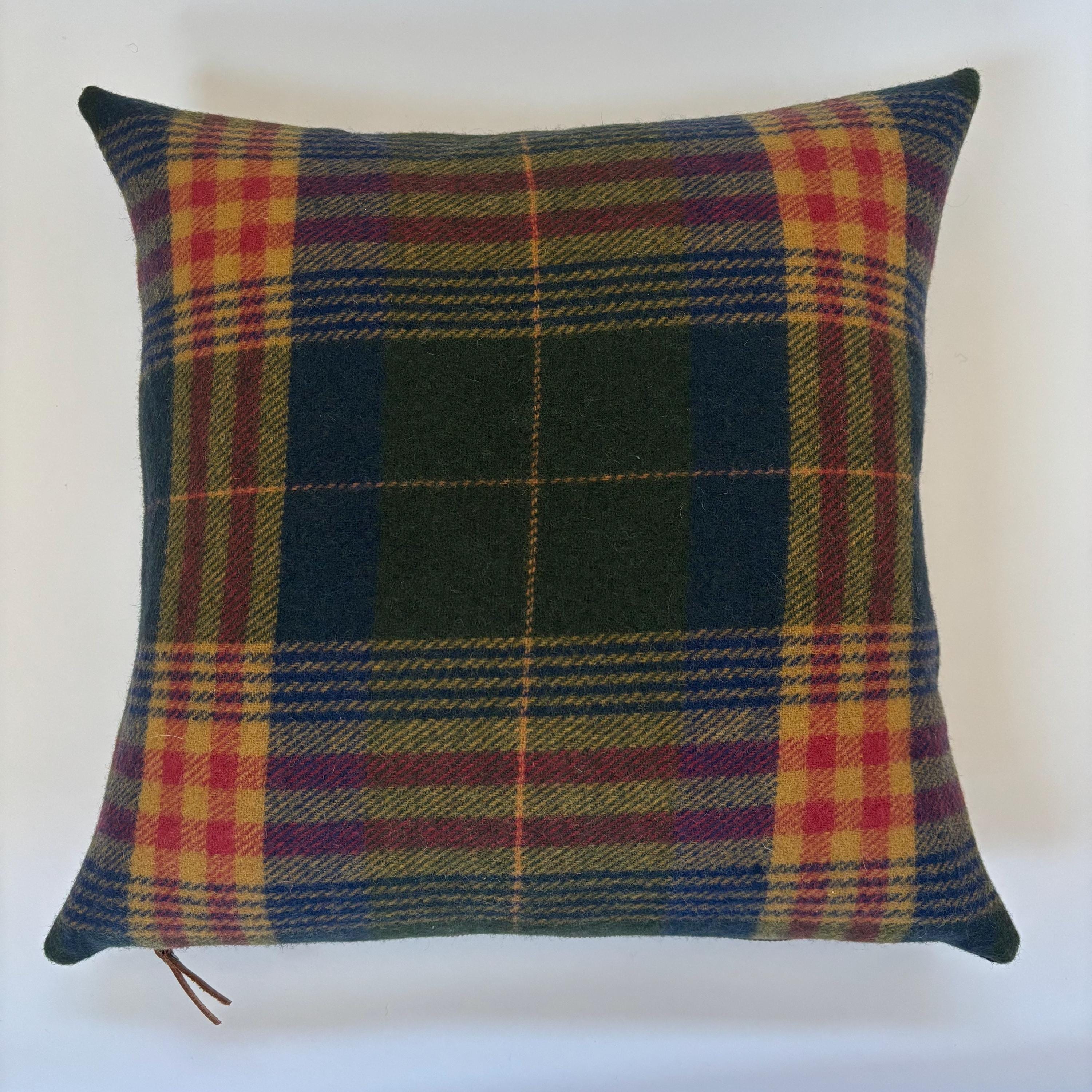 Wool Pillow Cover: Blue Gold Red Plaid, Leather Pull
