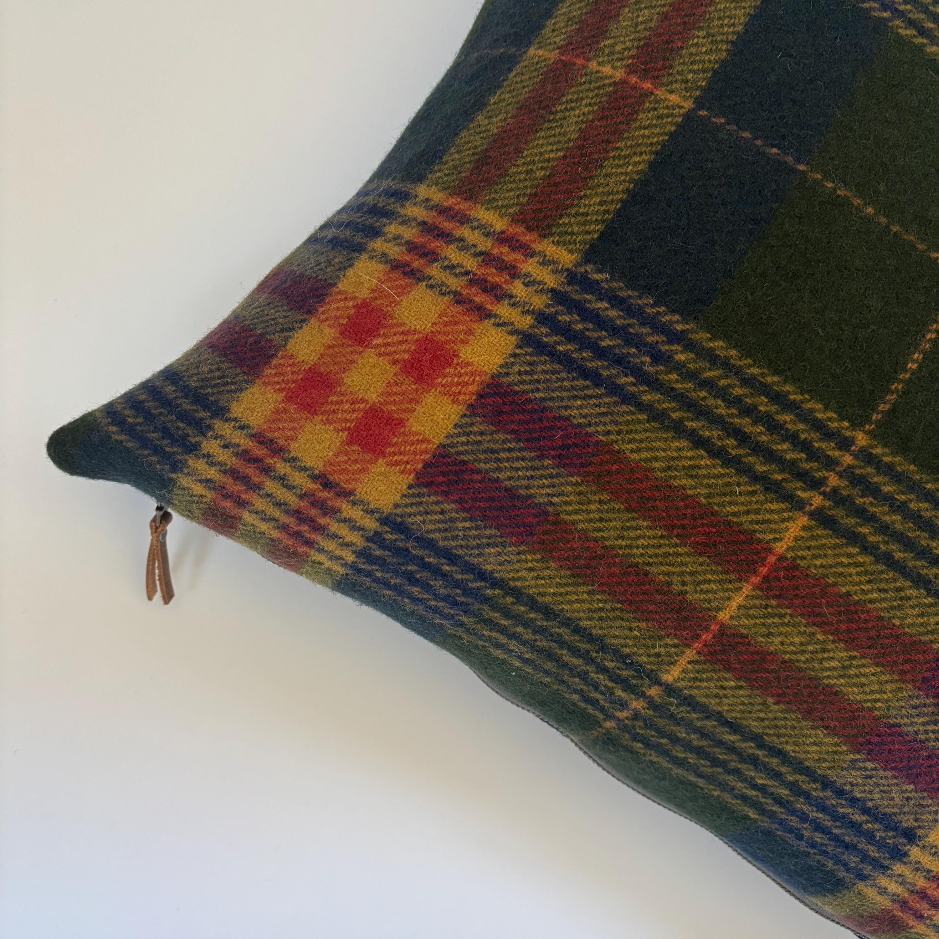 Wool Pillow Cover: Blue Gold Red Plaid, Leather Pull