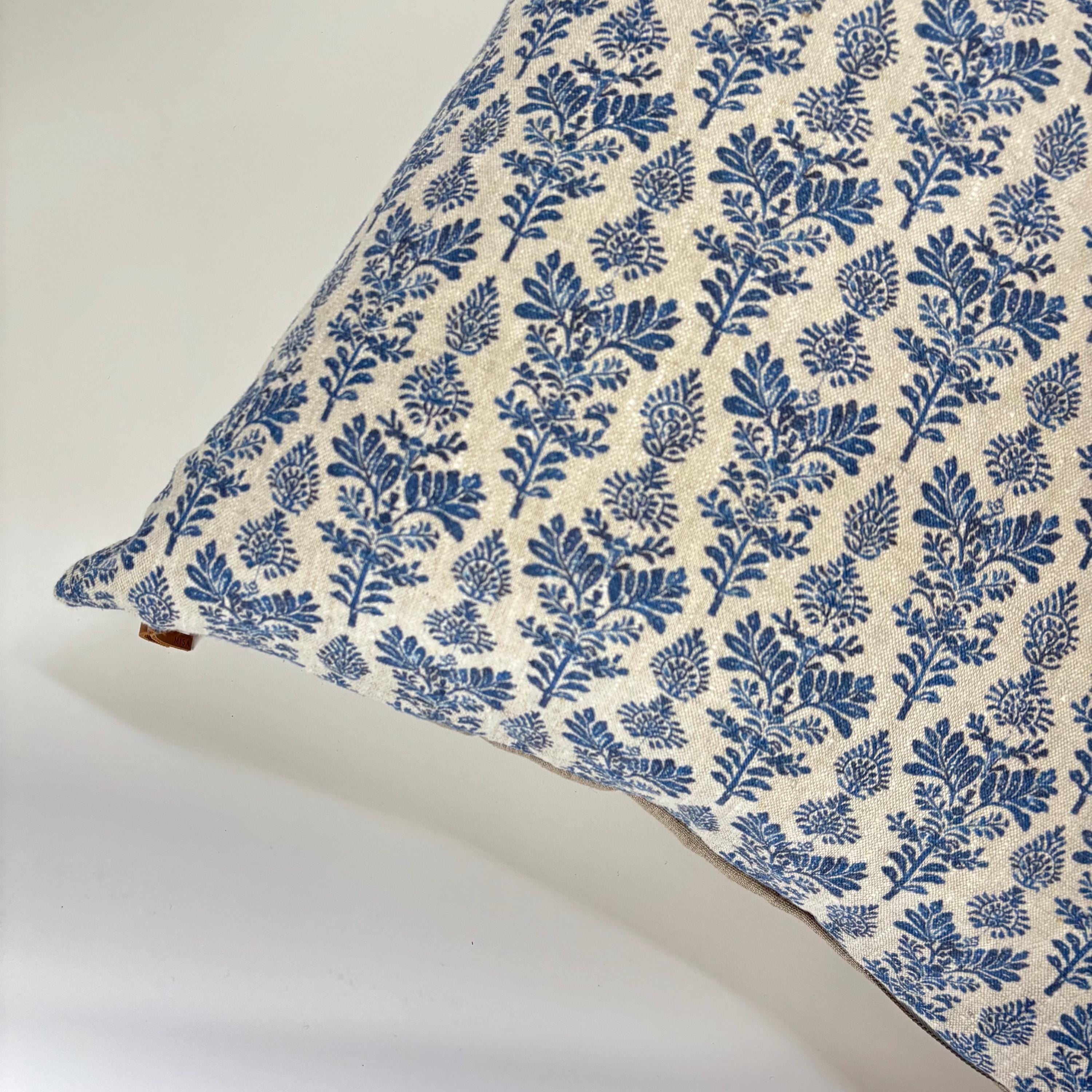 Blue Floral Linen Pillow Cover: Exposed Zipper, Leather Pull