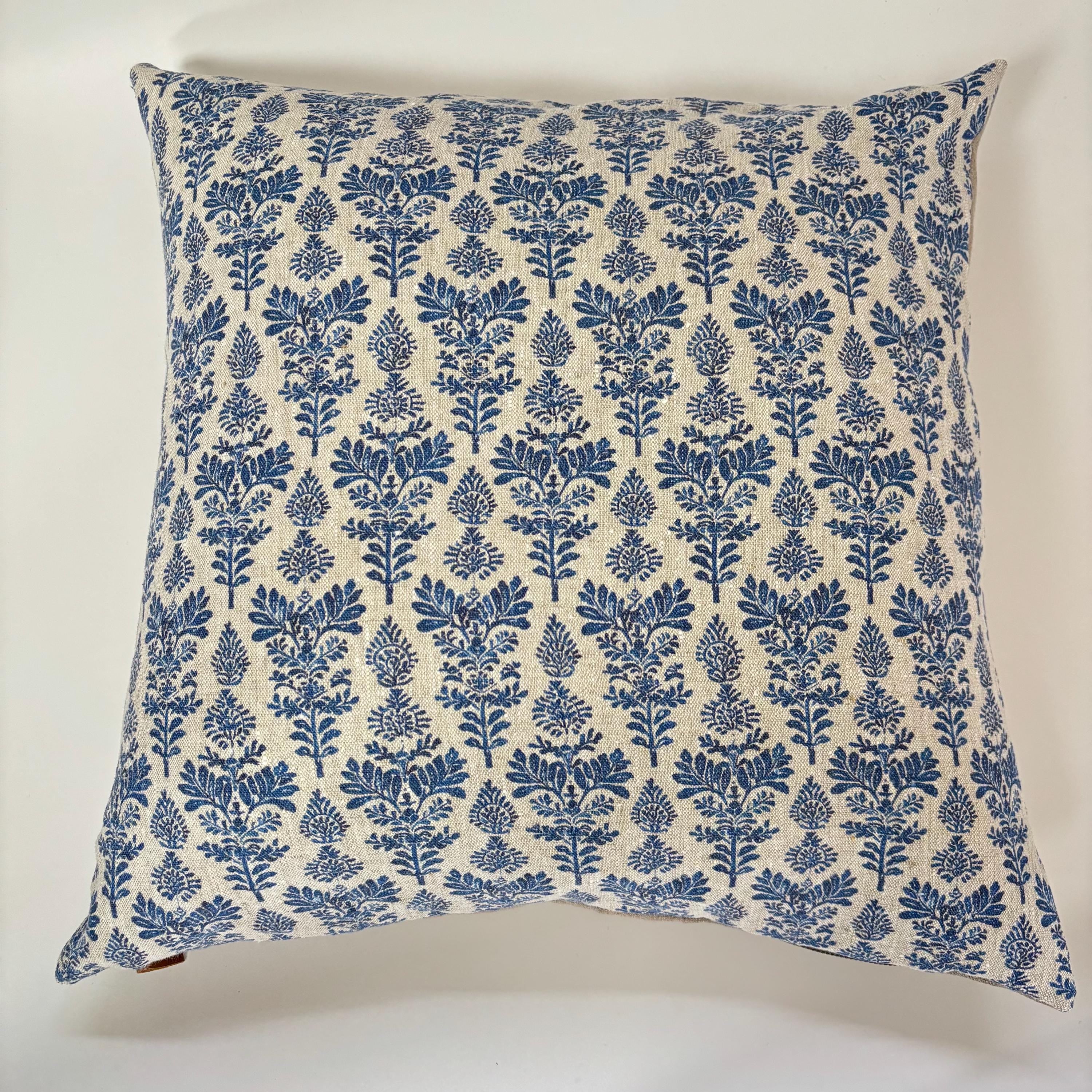 Blue Floral Linen Pillow Cover: Exposed Zipper, Leather Pull
