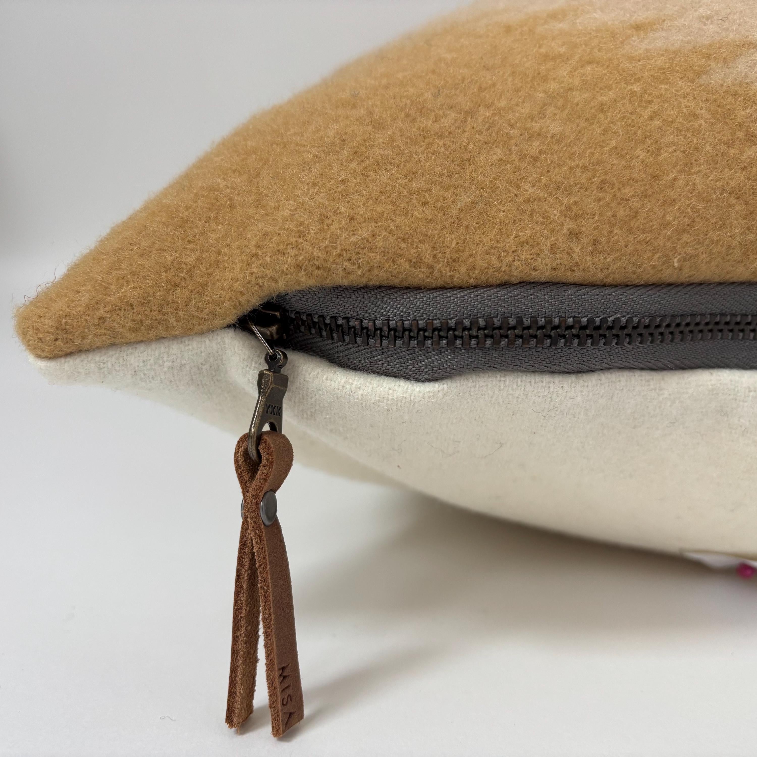 Gold and Green Wool Pillow Cover: Aztec Southwestern Design, Leather Pull (18x18”)