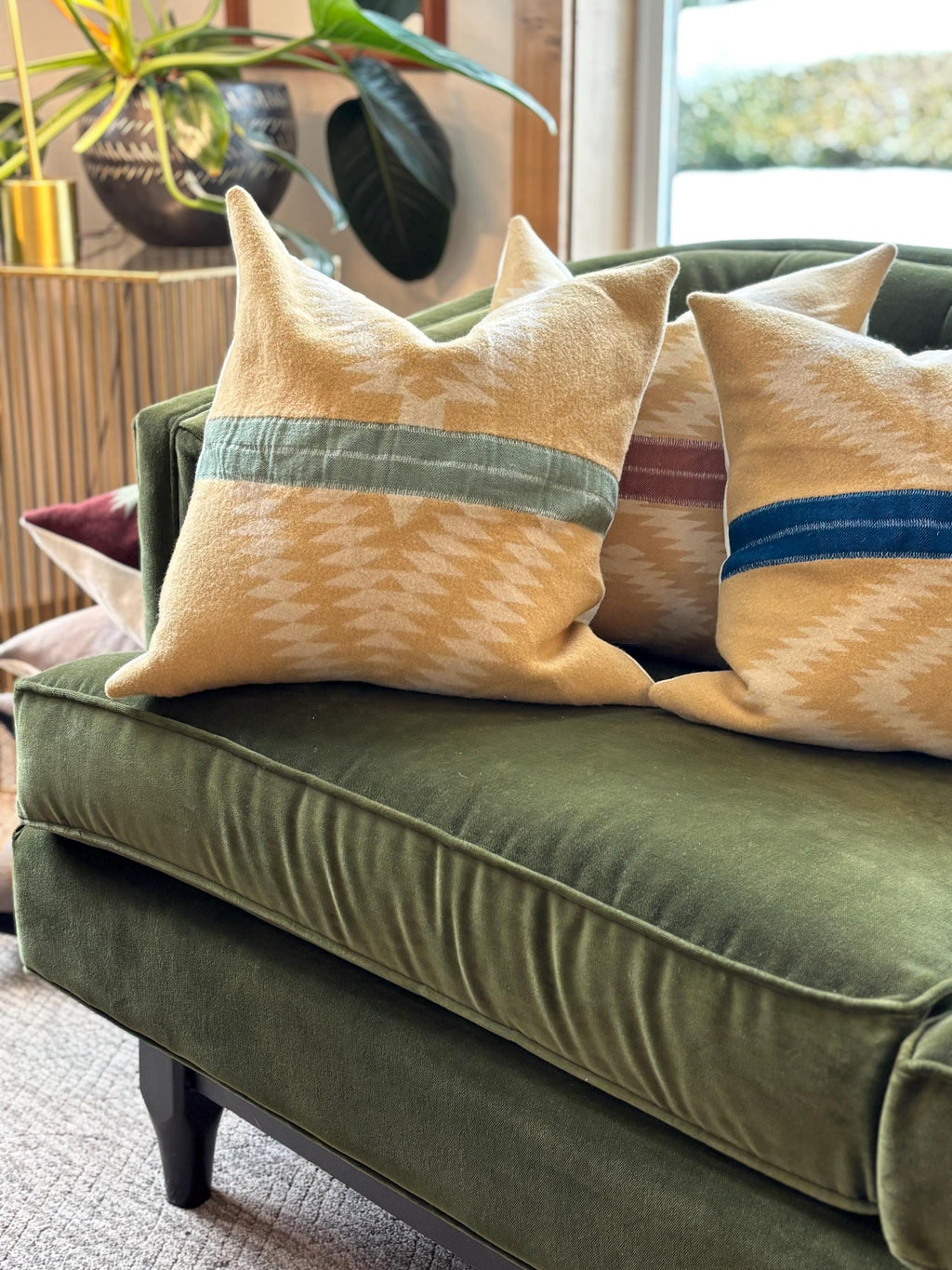 Gold and Green Wool Pillow Cover: Aztec Southwestern Design, Leather Pull (18x18”)