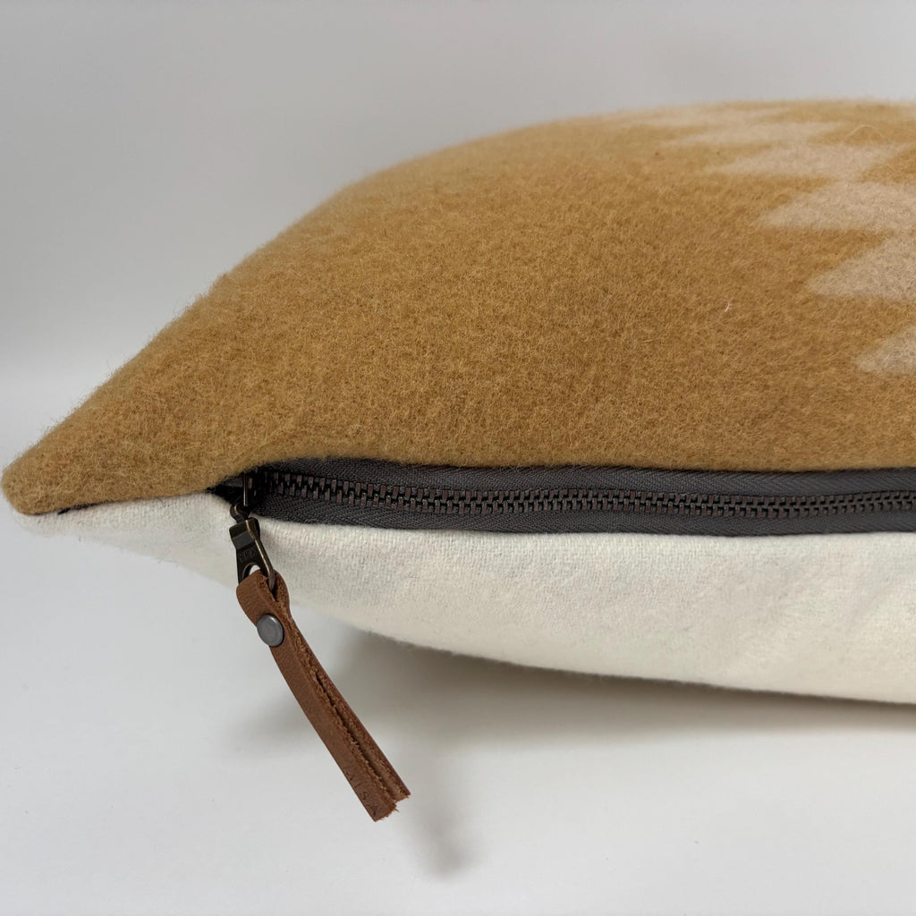 Wool Pillow Cover: Aztec Southwestern Design, Gold and green Leather Pull (18x18”)