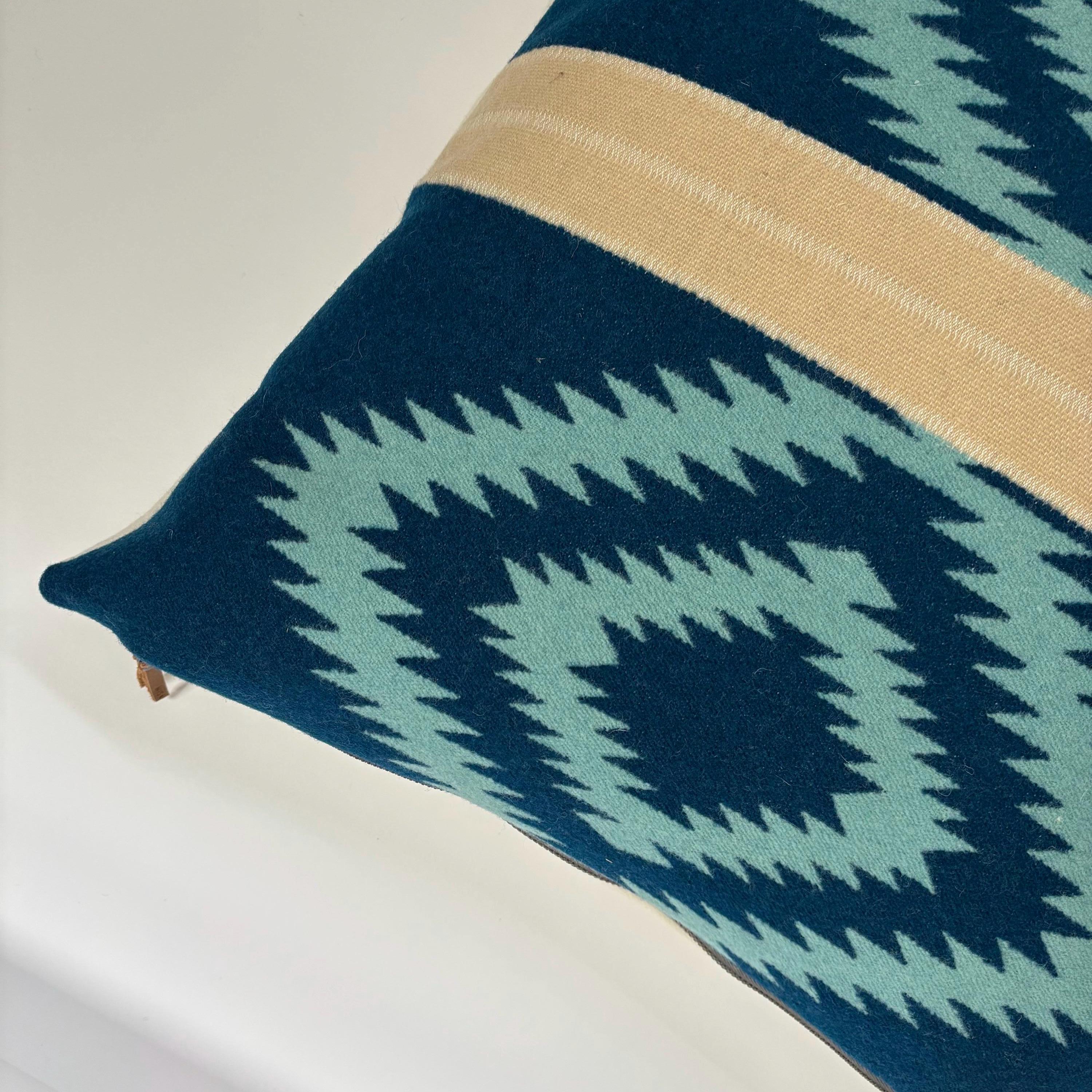 Wool Pillow Cover: Blue and cream Aztec Southwestern Design, 18x18”