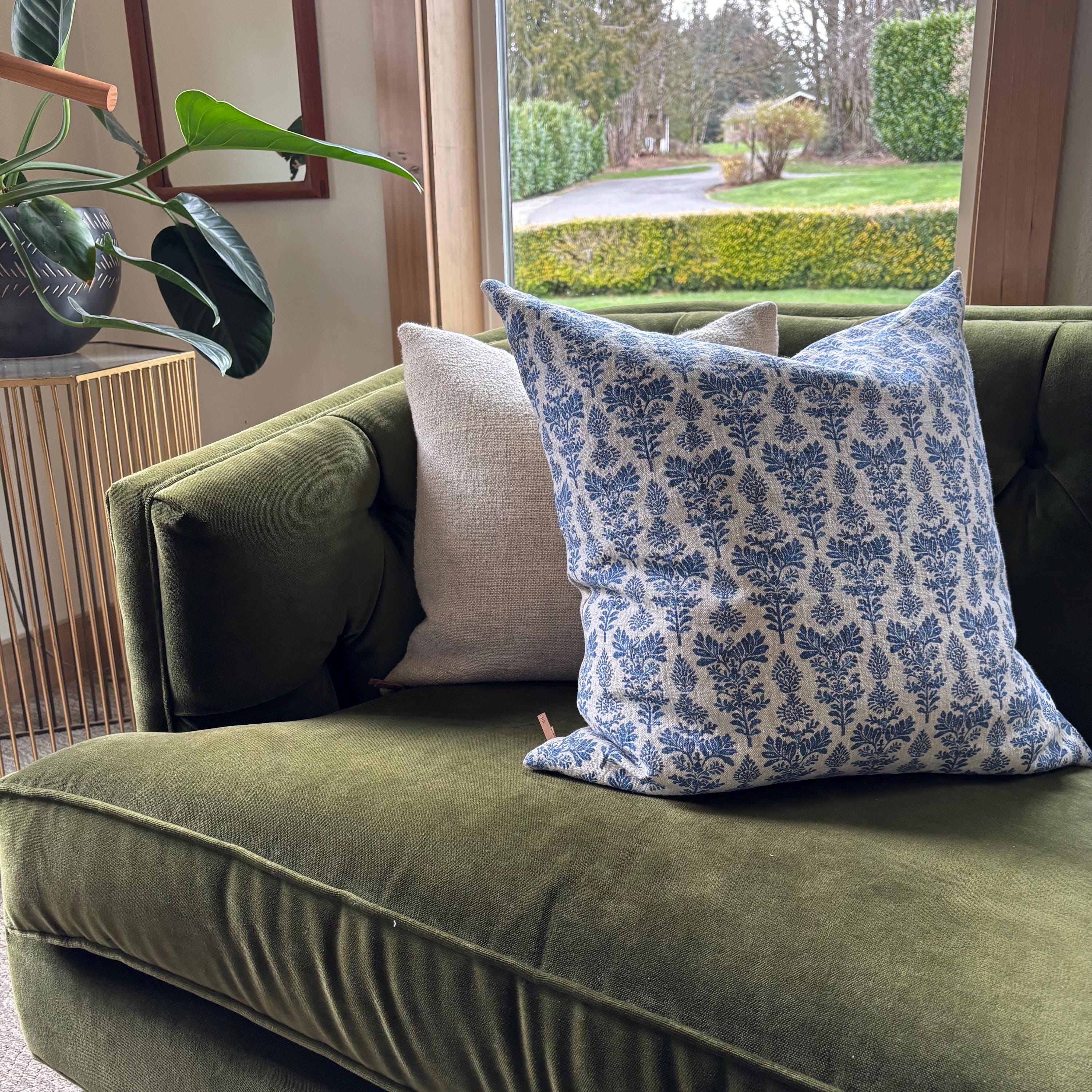 Blue Floral Linen Pillow Cover: Exposed Zipper, Leather Pull