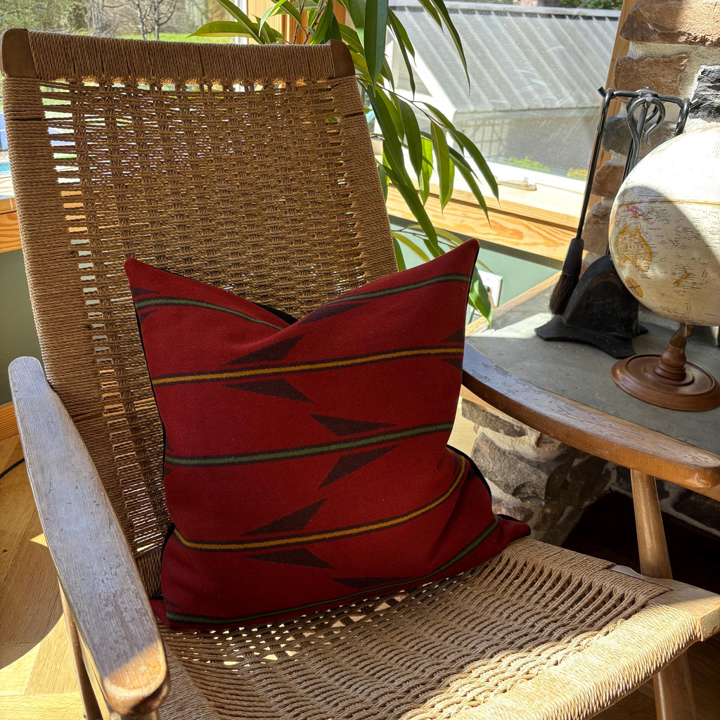 Handcrafted Red Striped Wool Pillow Cover: Leather Zipper Pull