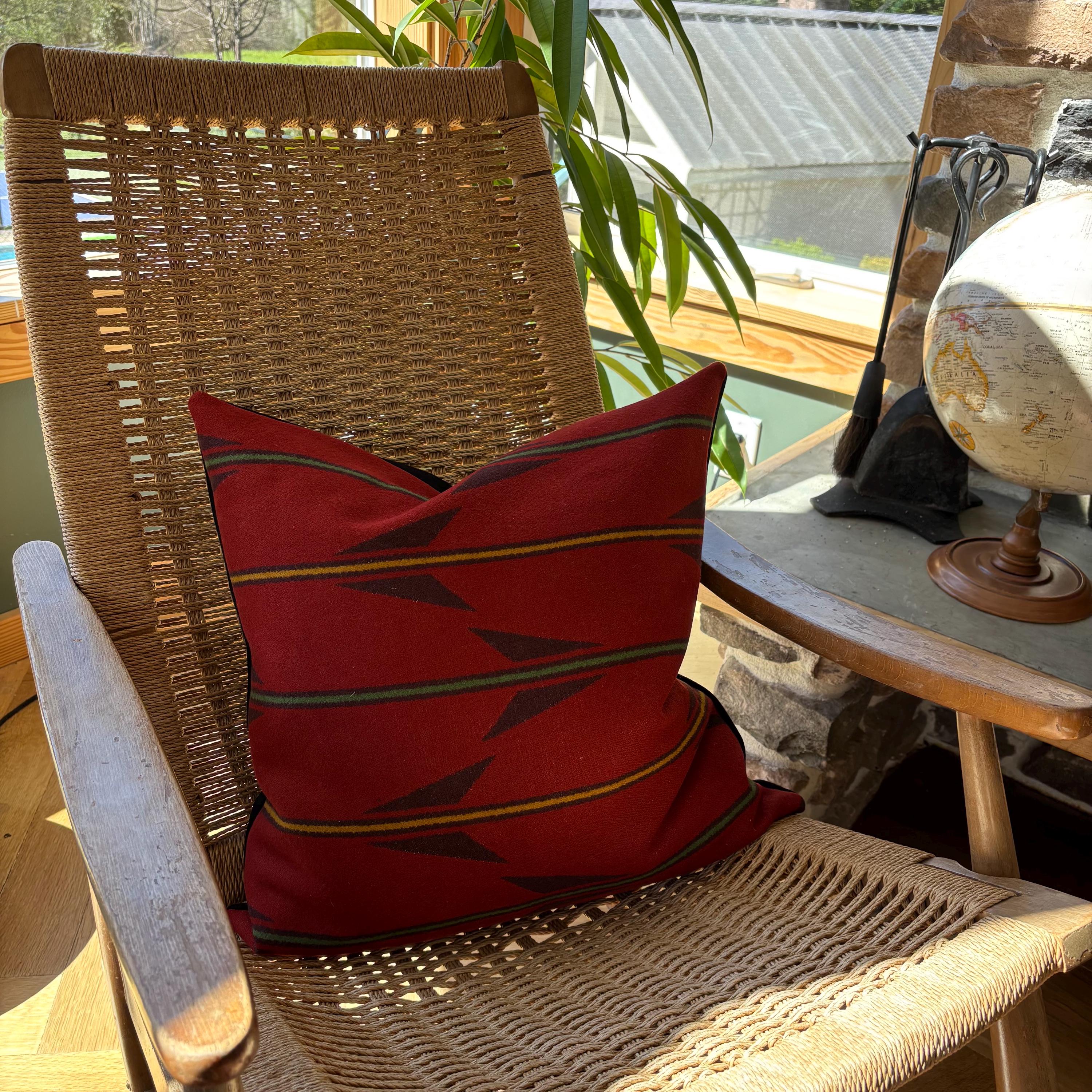 Handcrafted Red Striped Wool Pillow Cover: Leather Zipper Pull