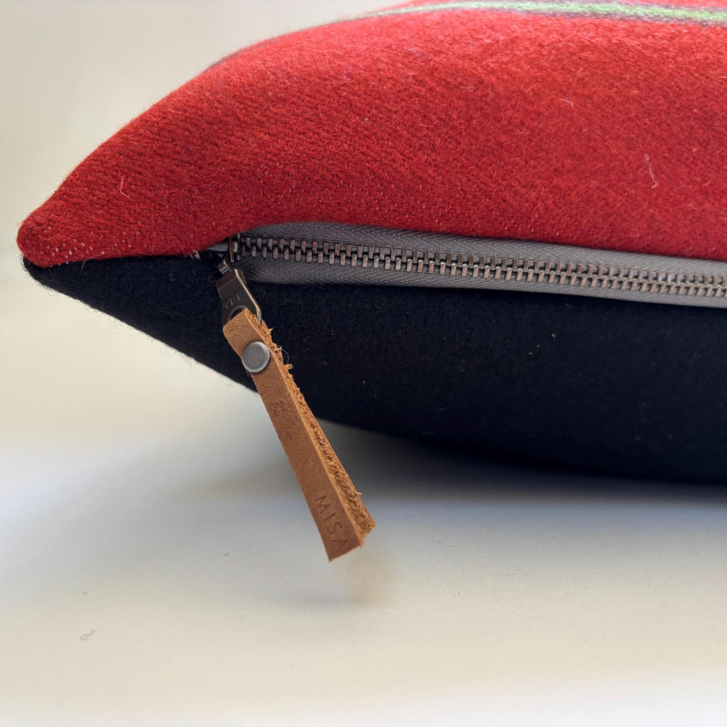 Handcrafted Red Striped Wool Pillow Cover: Leather Zipper Pull