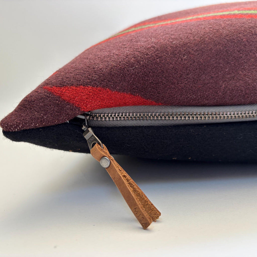 Maroon Striped wool throw Pillow with Leather Pull