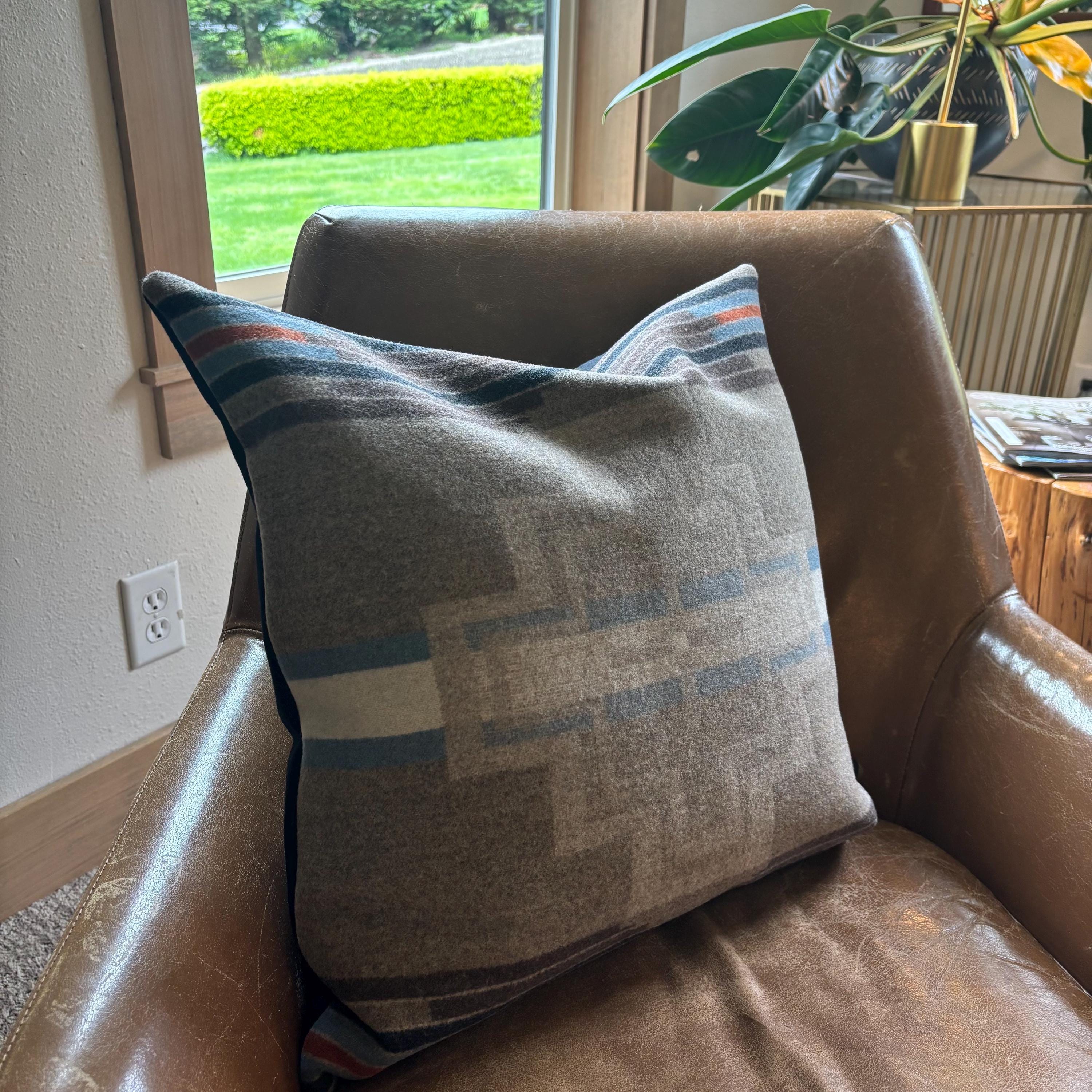 Swisscross wool Pillow Cover: Swiss Cross Stripes, Leather Pull (20" or 18")