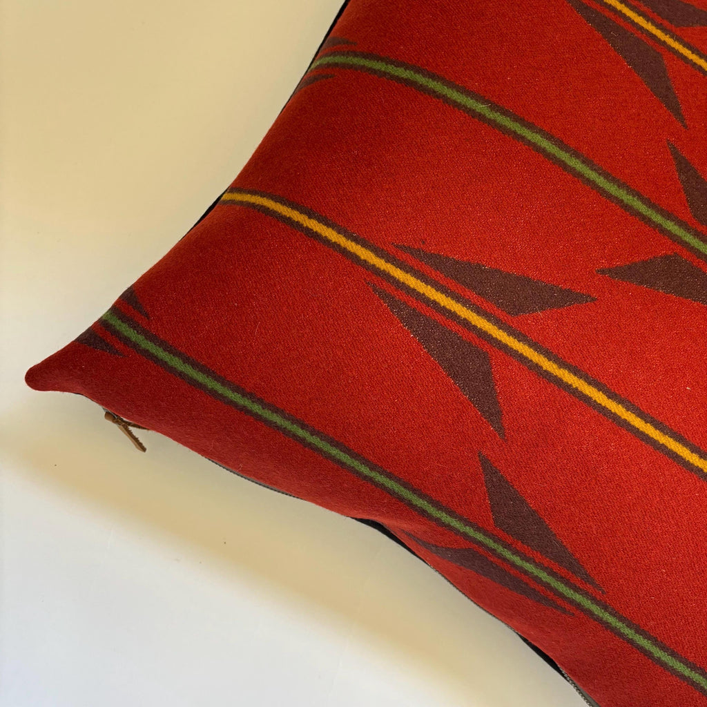 Handcrafted Red Striped Wool Pillow Cover: Leather Zipper Pull