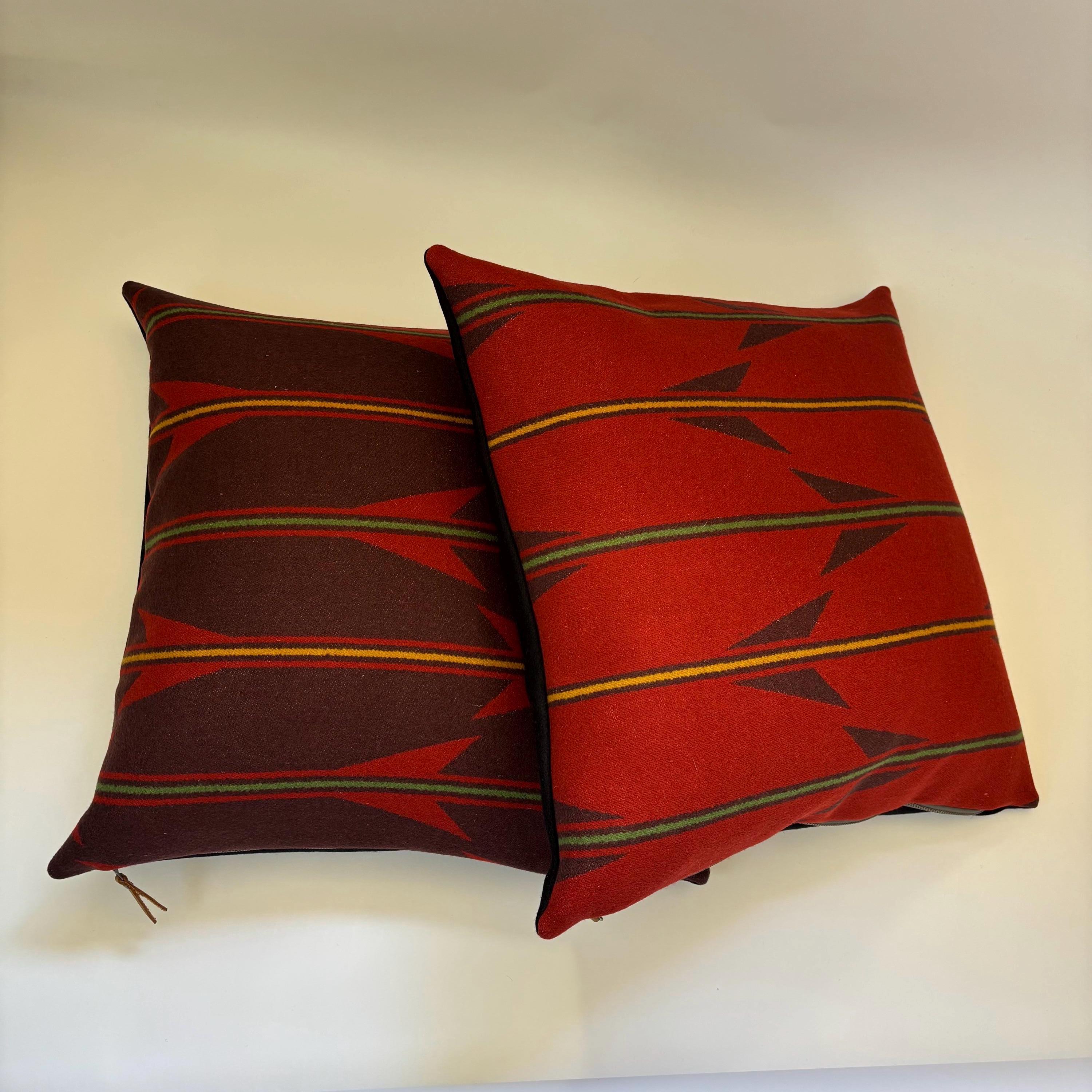 Handcrafted Red Striped Wool Pillow Cover: Leather Zipper Pull