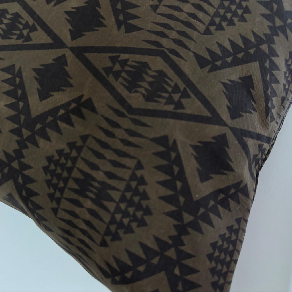Oilcloth Pillow Cover: Brown Black Geometric, Leather Pull