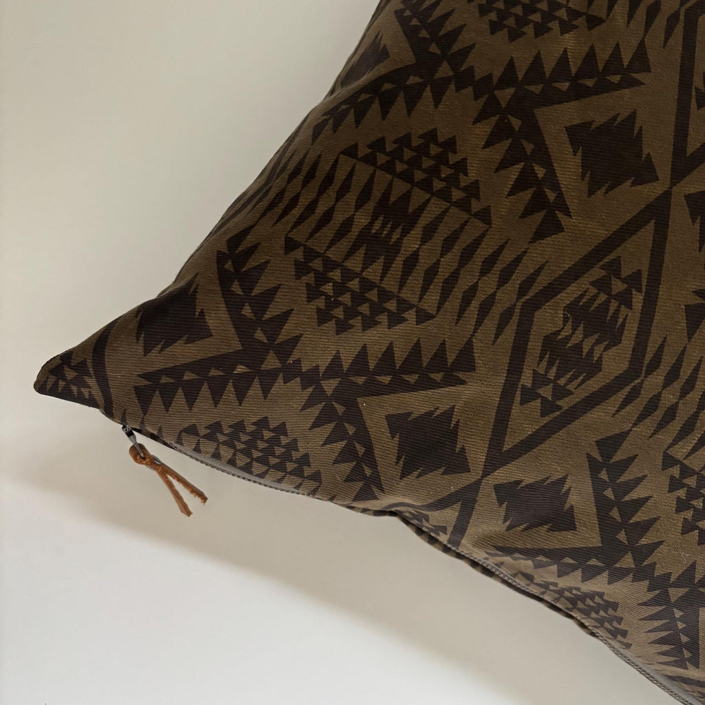 Oilcloth Pillow Cover: Brown Black Geometric, Leather Pull