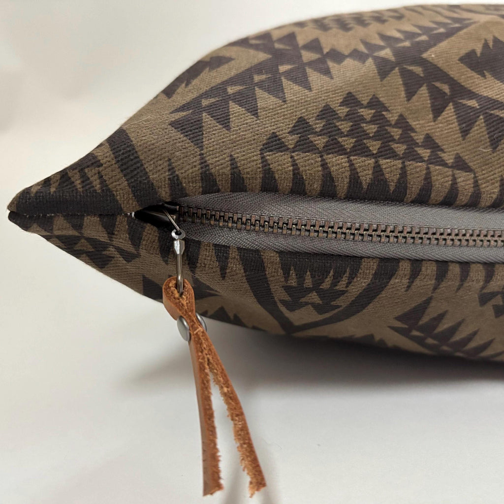 Oilcloth Pillow Cover: Brown Black Geometric, Leather Pull