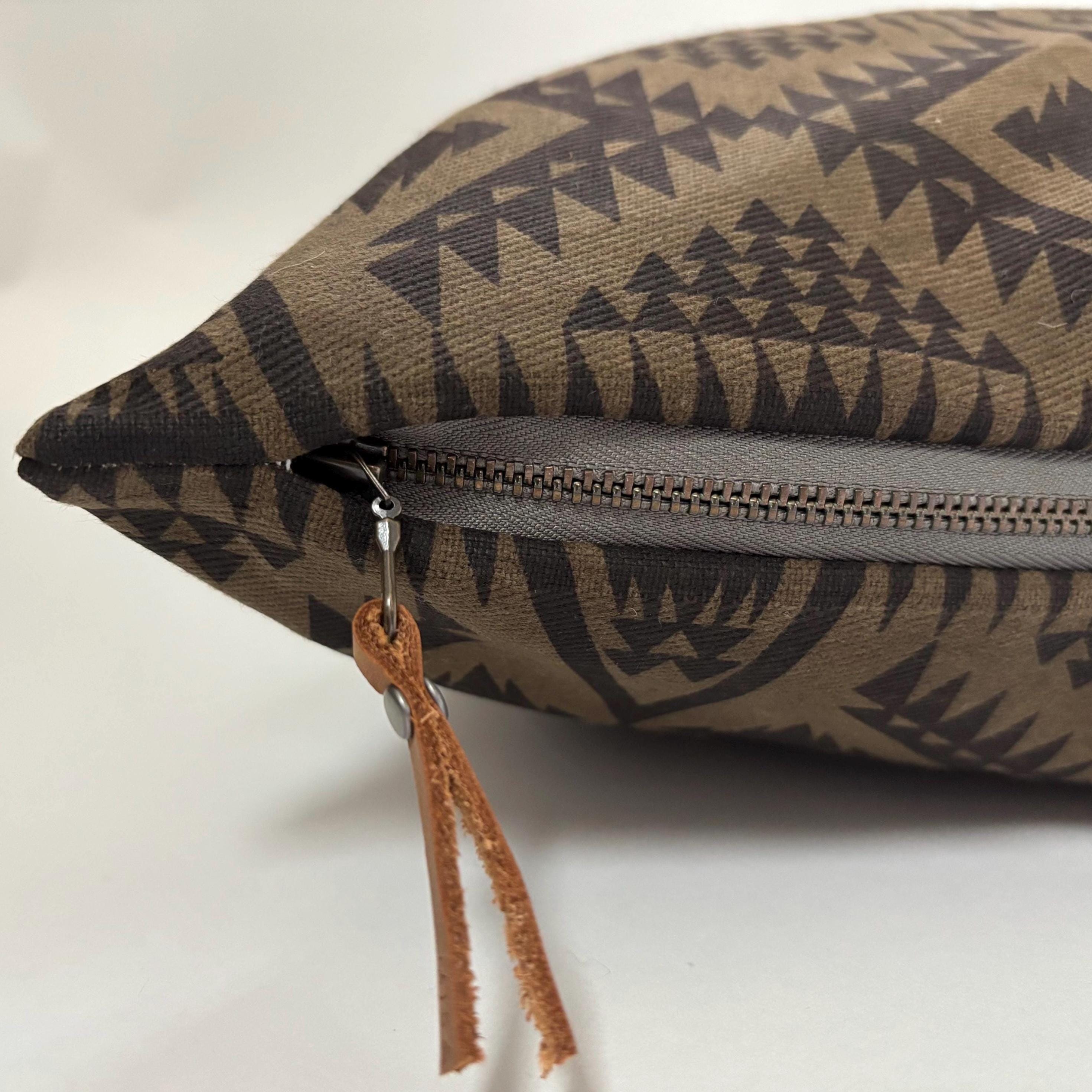 Oilcloth Pillow Cover: Brown Black Geometric, Leather Pull