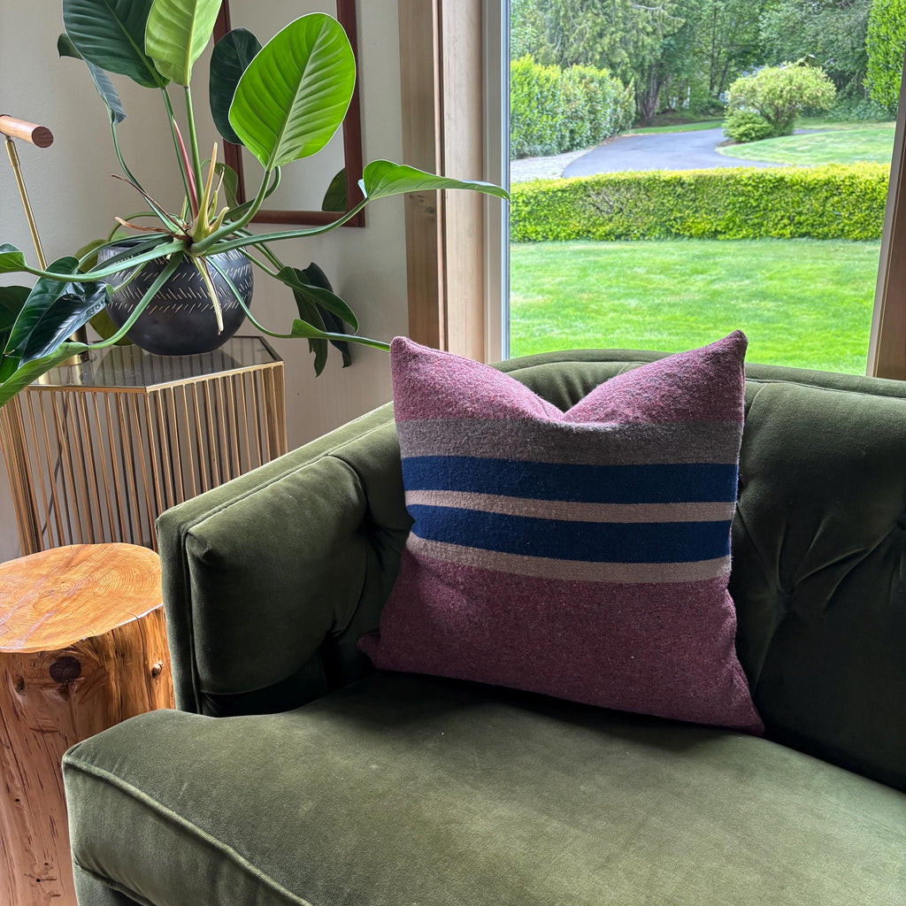 Wool Pillow Cover: Striped Pink Blue Tan, 20x20 Accent Pillow