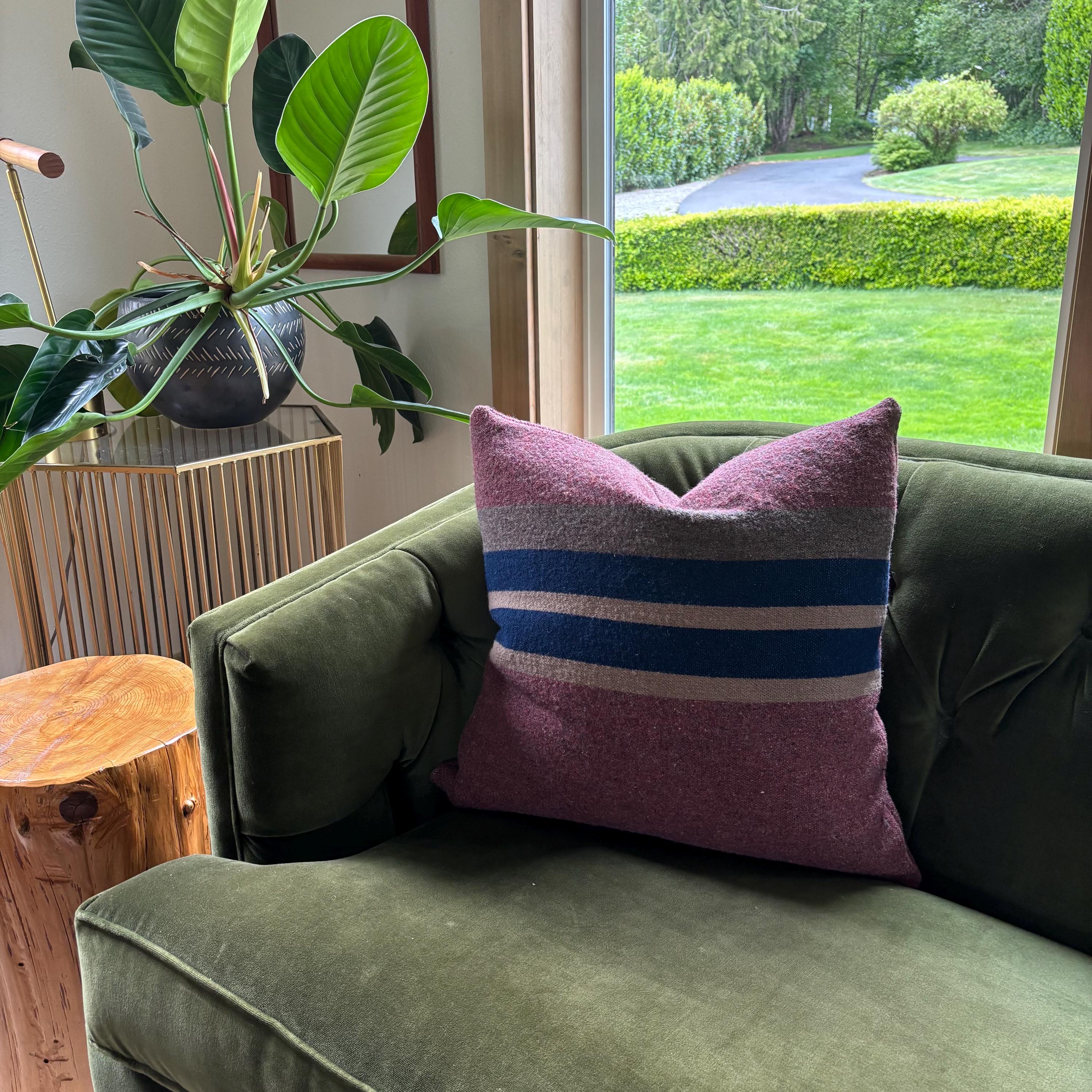 Wool Pillow Cover: Striped Pink Blue Tan, 20x20 Accent Pillow