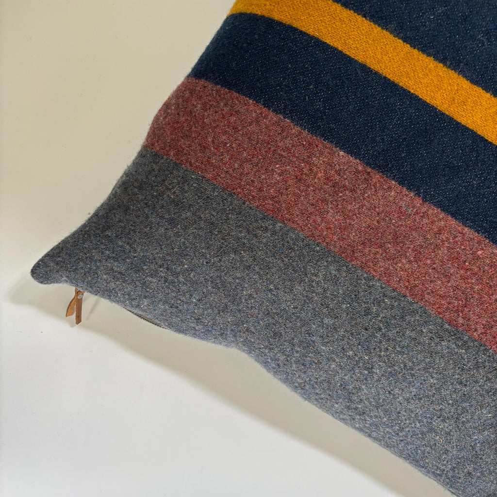 Striped wool throw Pillow blue and yellow with Leather Pull (20x20)
