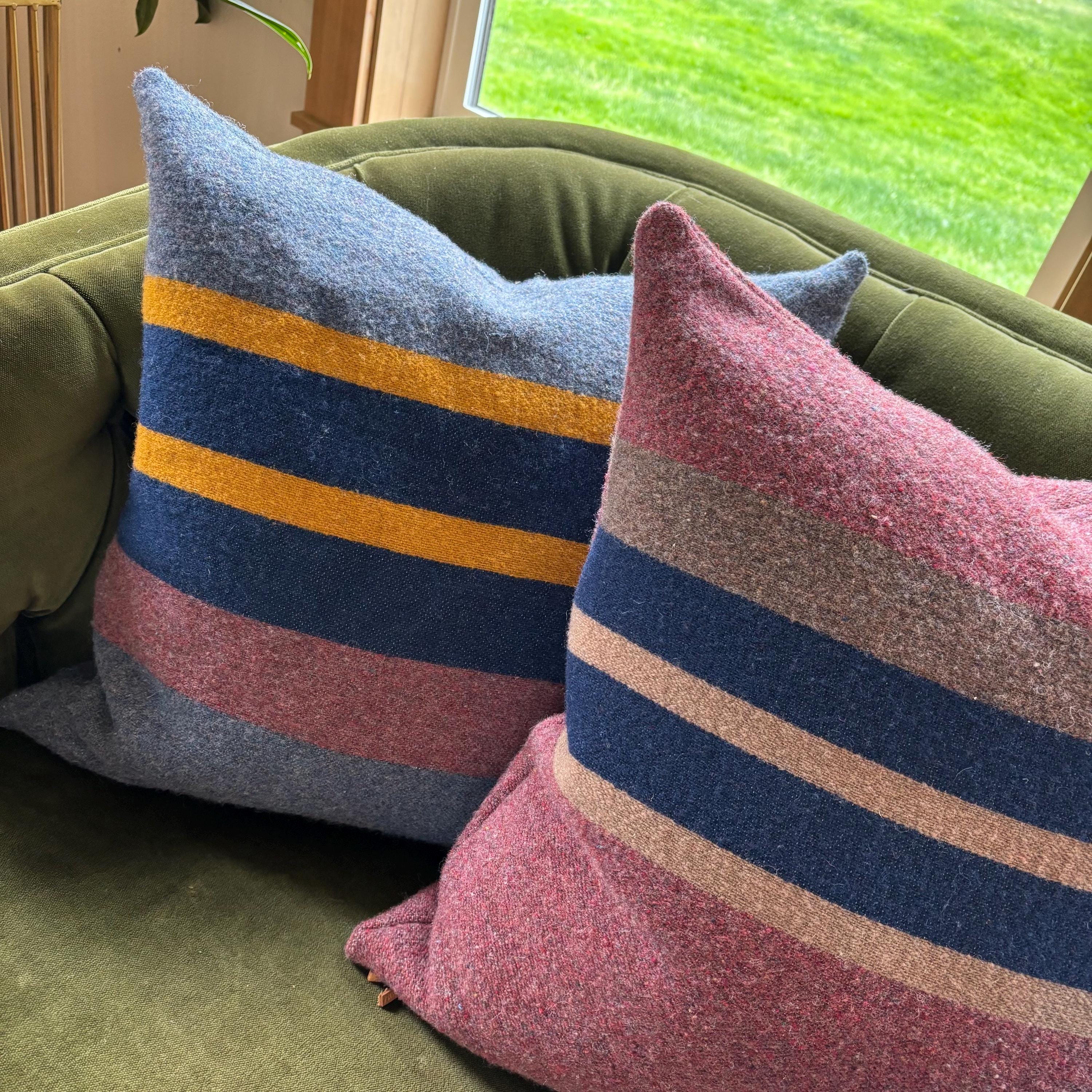 Striped wool throw Pillow blue and yellow with Leather Pull (20x20)