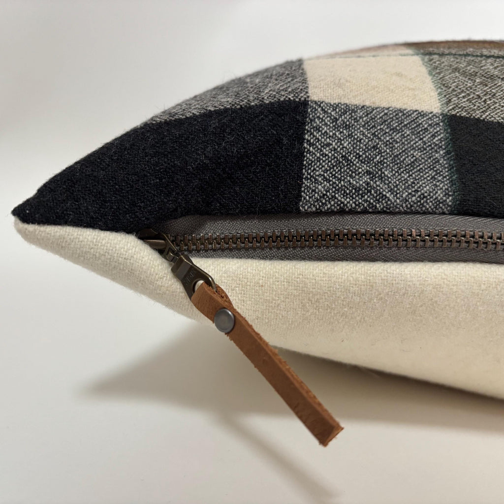 Black and cream plaid wool pillow cover exposed zipper-leather pull 24” 22” 20” 14x24 Handcrafted by misa housewarming gift