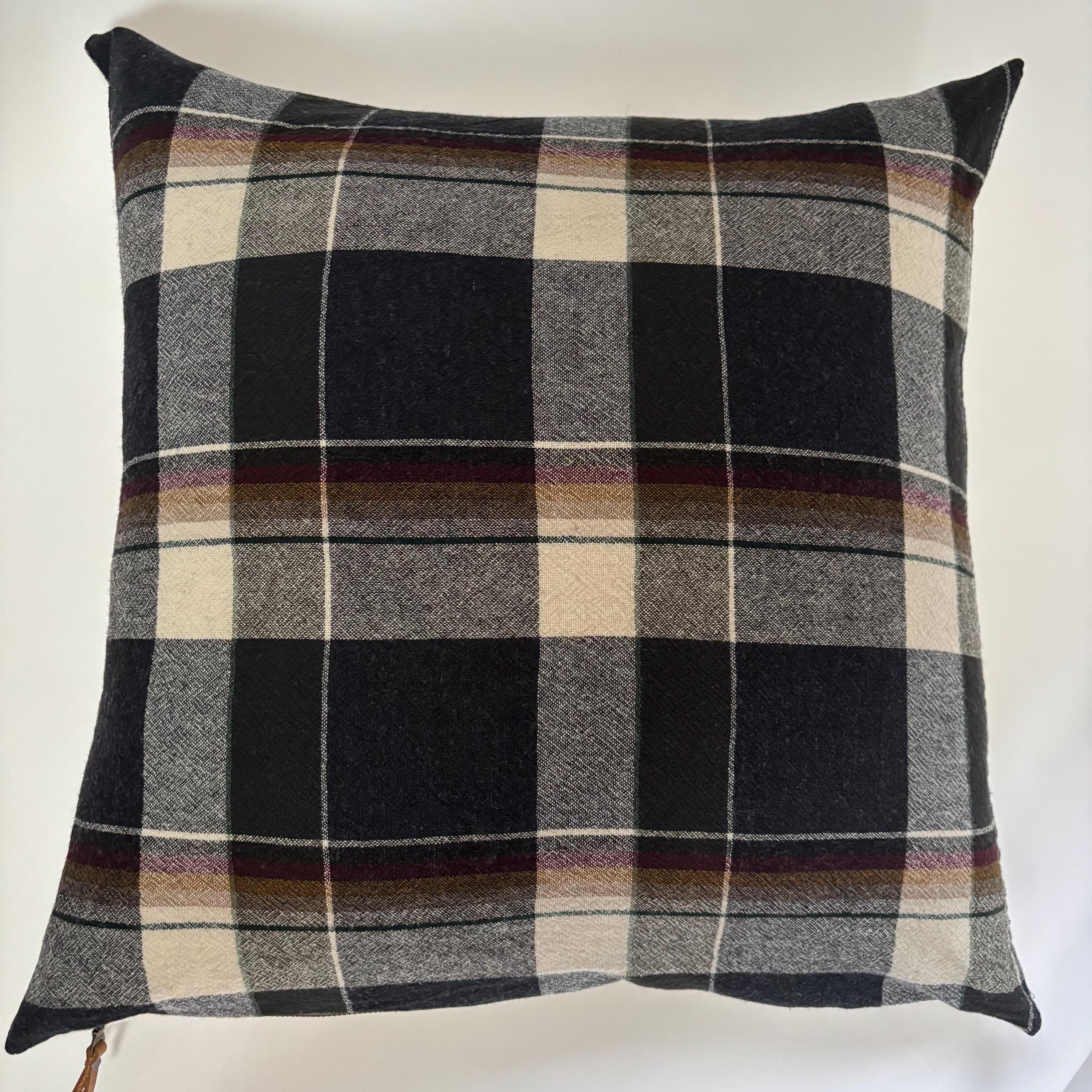 Black and cream plaid wool pillow cover exposed zipper-leather pull 24” 22” 20” 14x24 Handcrafted by misa housewarming gift