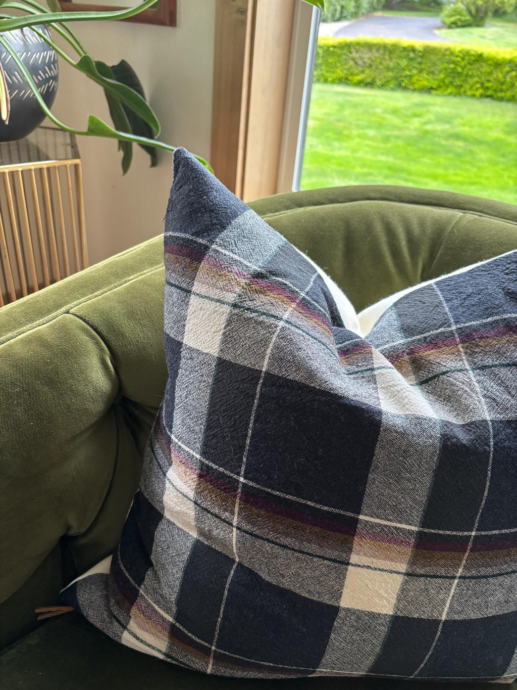 Black and cream plaid wool pillow cover exposed zipper-leather pull 24” 22” 20” 14x24 Handcrafted by misa housewarming gift