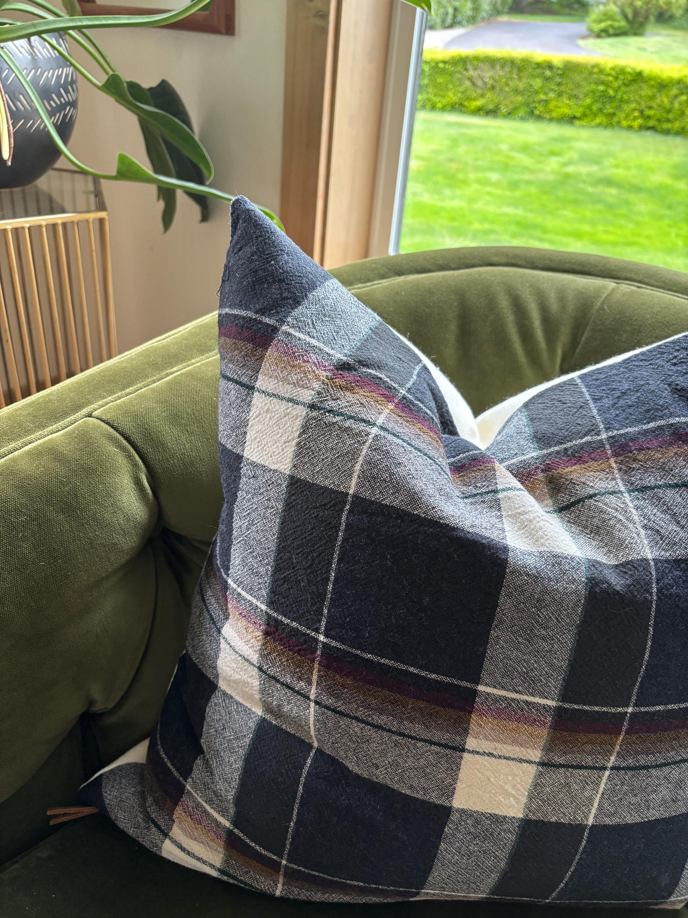 Black and cream plaid wool pillow cover exposed zipper-leather pull 24” 22” 20” 14x24 Handcrafted by misa housewarming gift