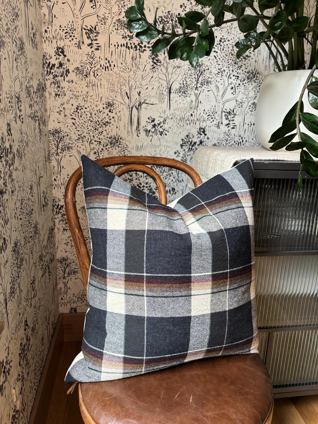 Black and cream plaid wool pillow cover exposed zipper-leather pull 24” 22” 20” 14x24 Handcrafted by misa housewarming gift