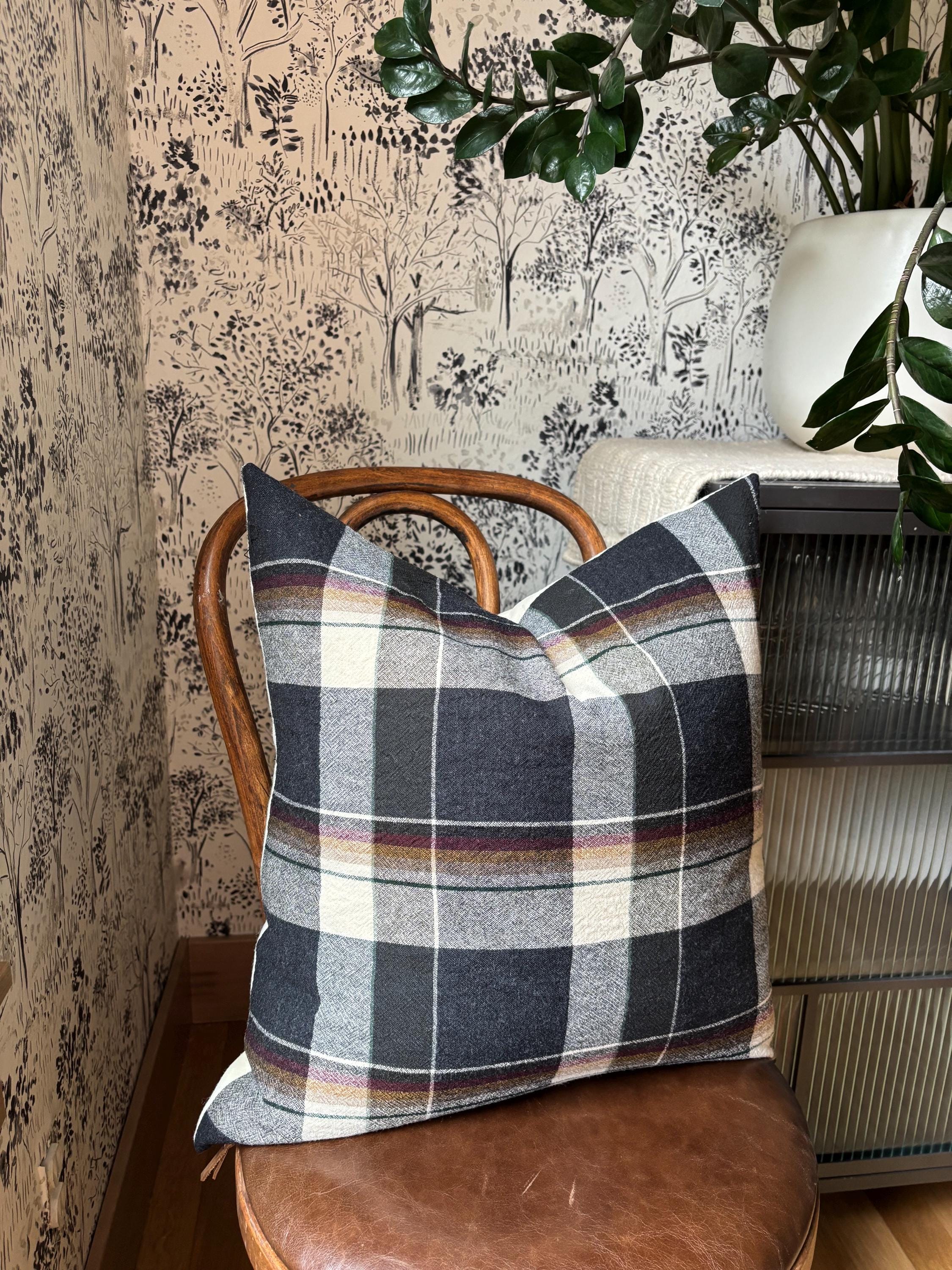 Black and cream plaid wool pillow cover exposed zipper-leather pull 24” 22” 20” 14x24 Handcrafted by misa housewarming gift