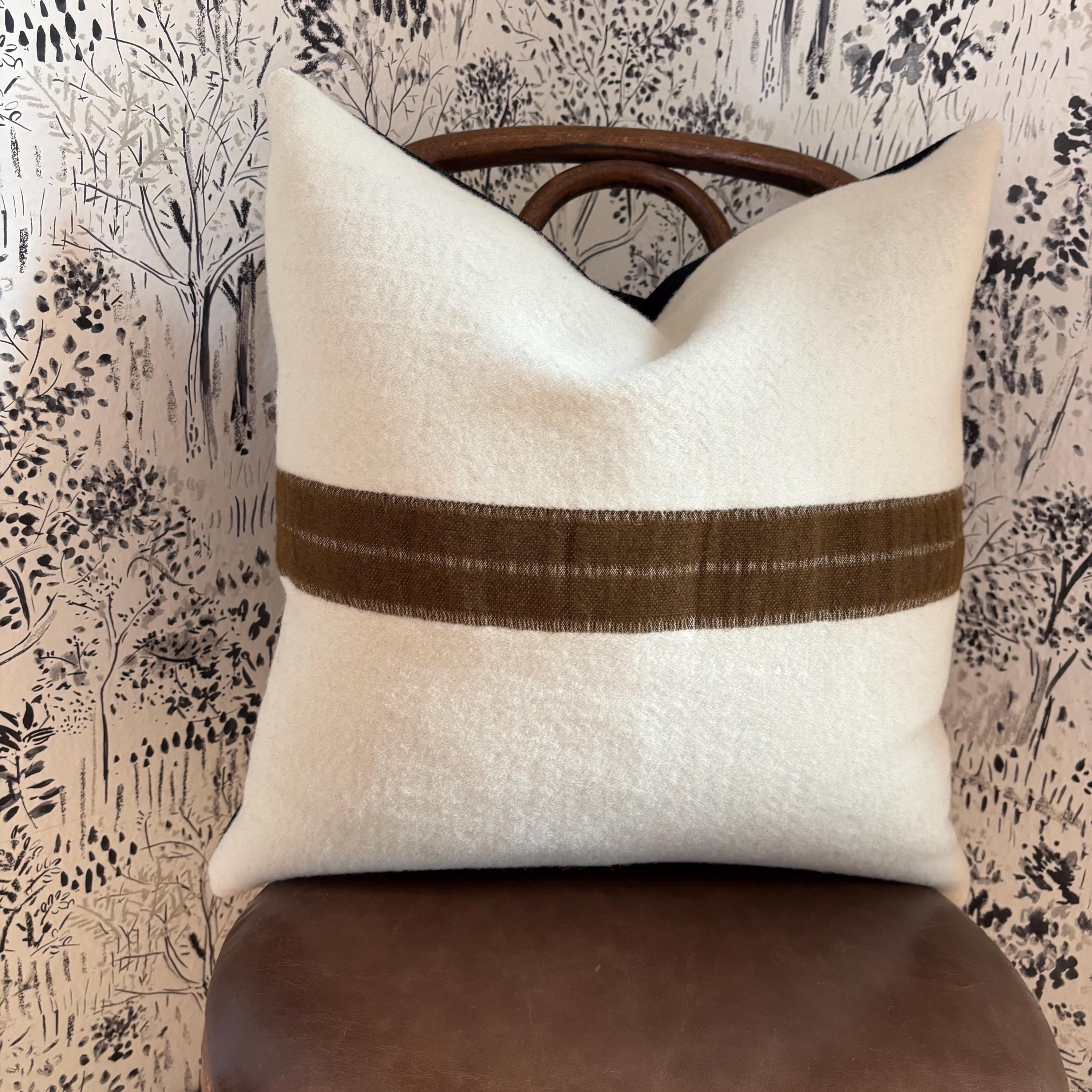 Wool Pillow Cover: Brown and Cream with Khaki Stripe, 18x18 Throw Pillow