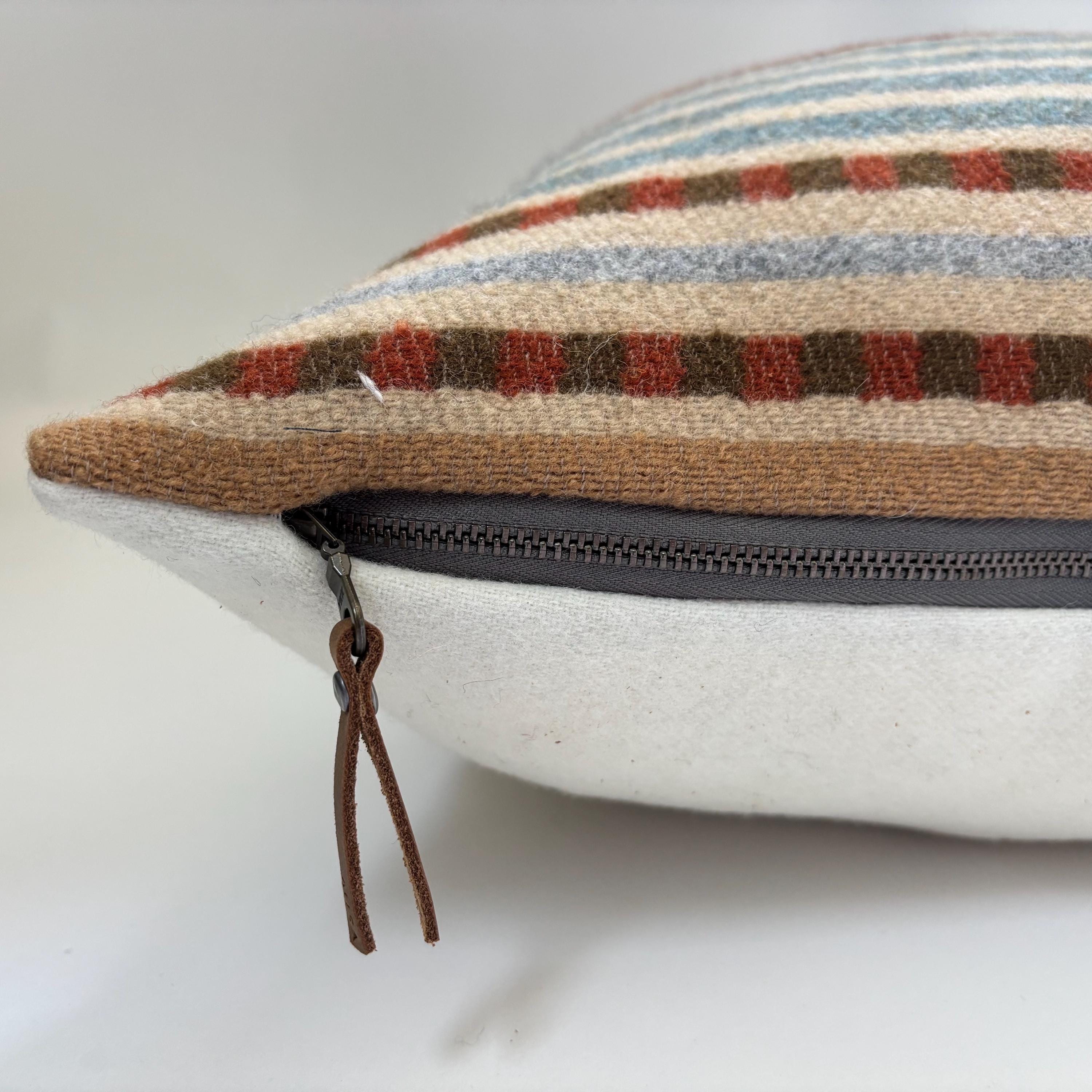 Wool Pillow Cover: Tans and rust striped Aztec Design, Leather Pull (20x20)