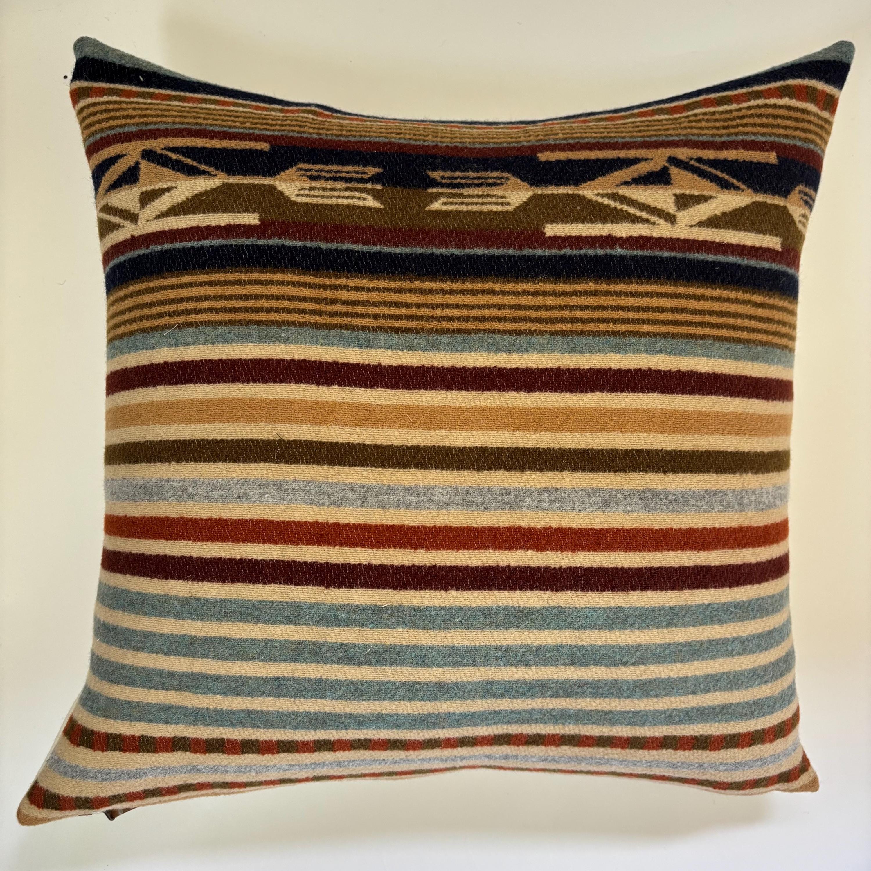 Wool Pillow Cover: Tans and rust striped Aztec Design, Leather Pull (20x20)