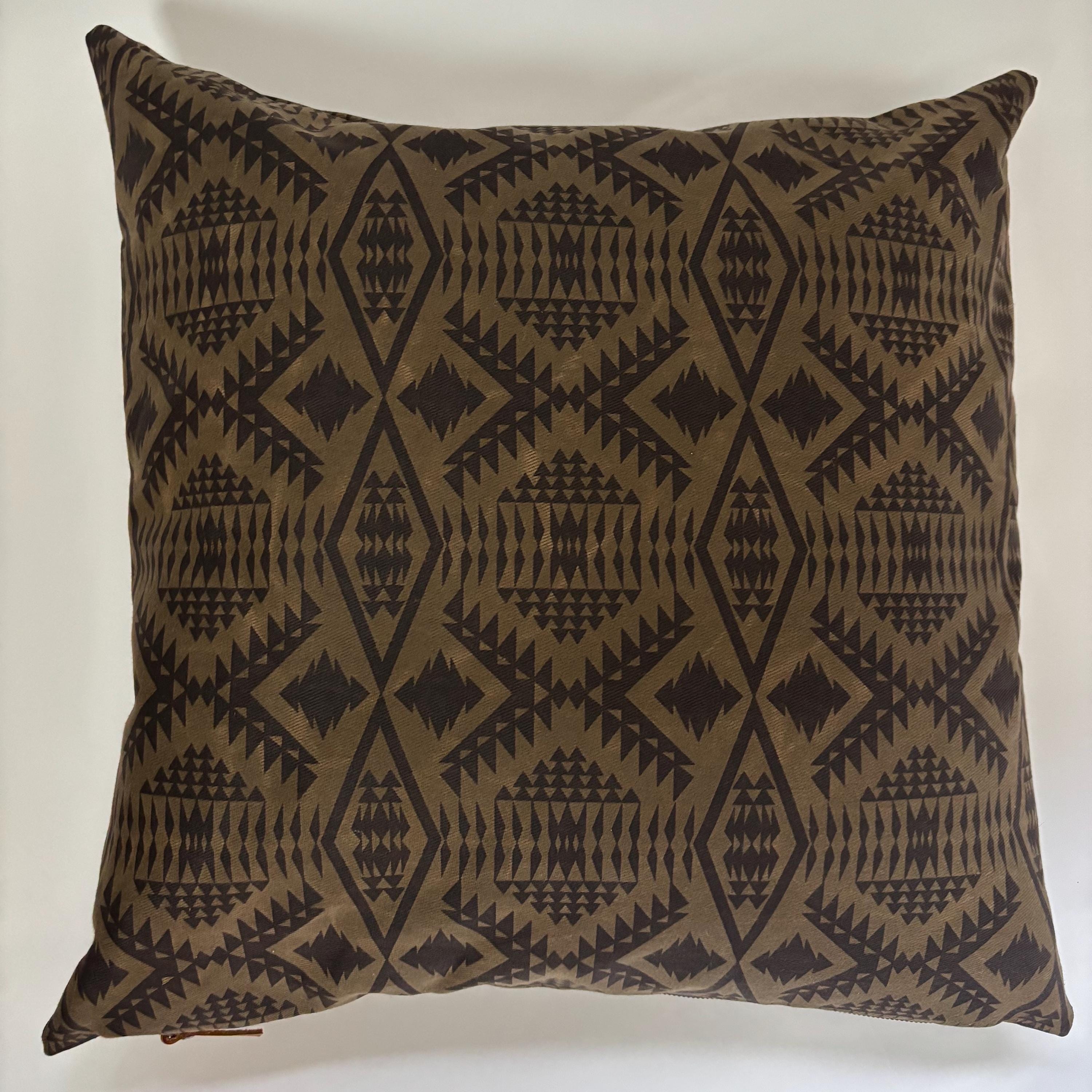 Oilcloth Pillow Cover: Brown Black Geometric, Leather Pull
