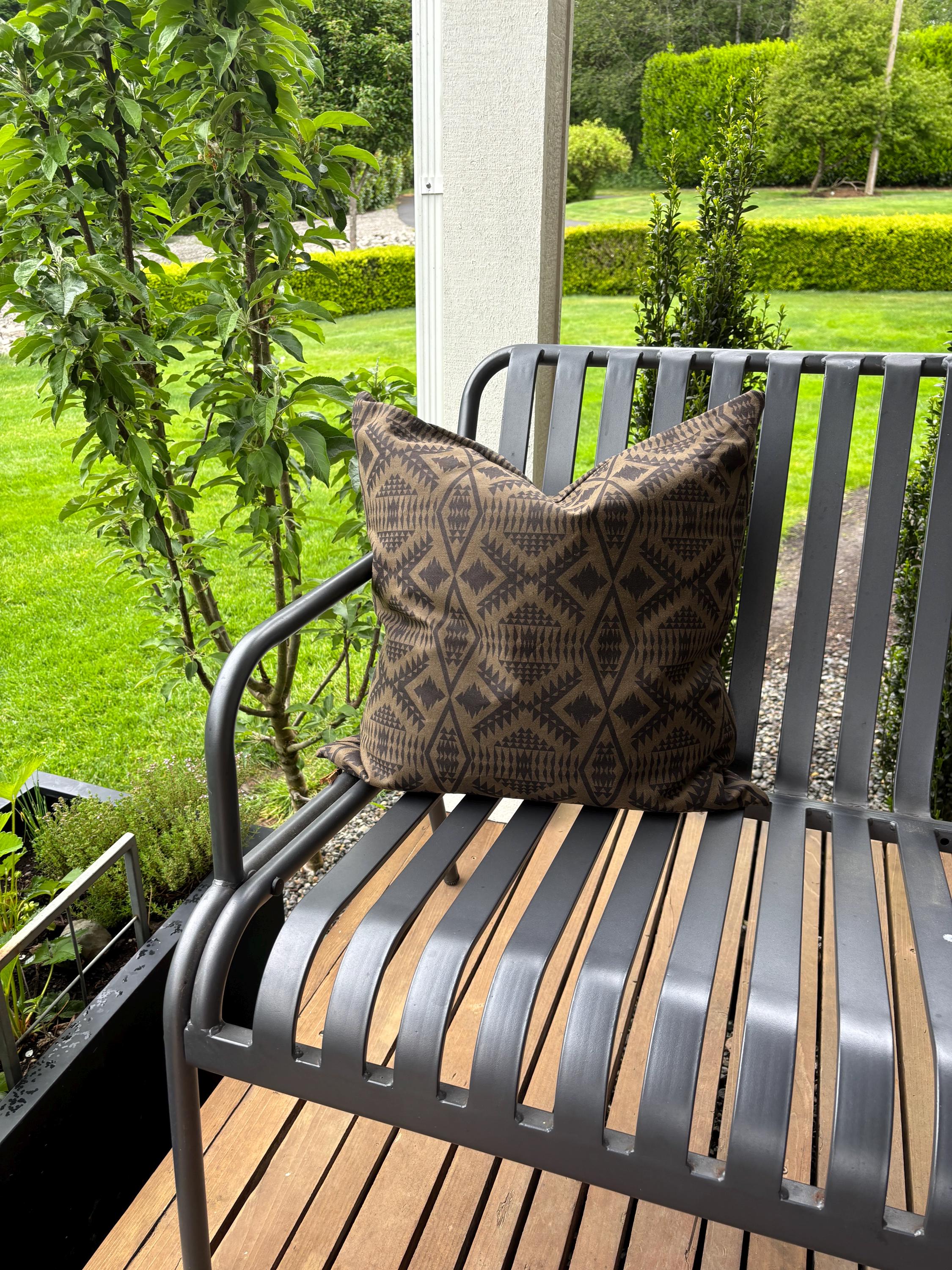 Oilcloth Pillow Cover: Brown Black Geometric, Leather Pull