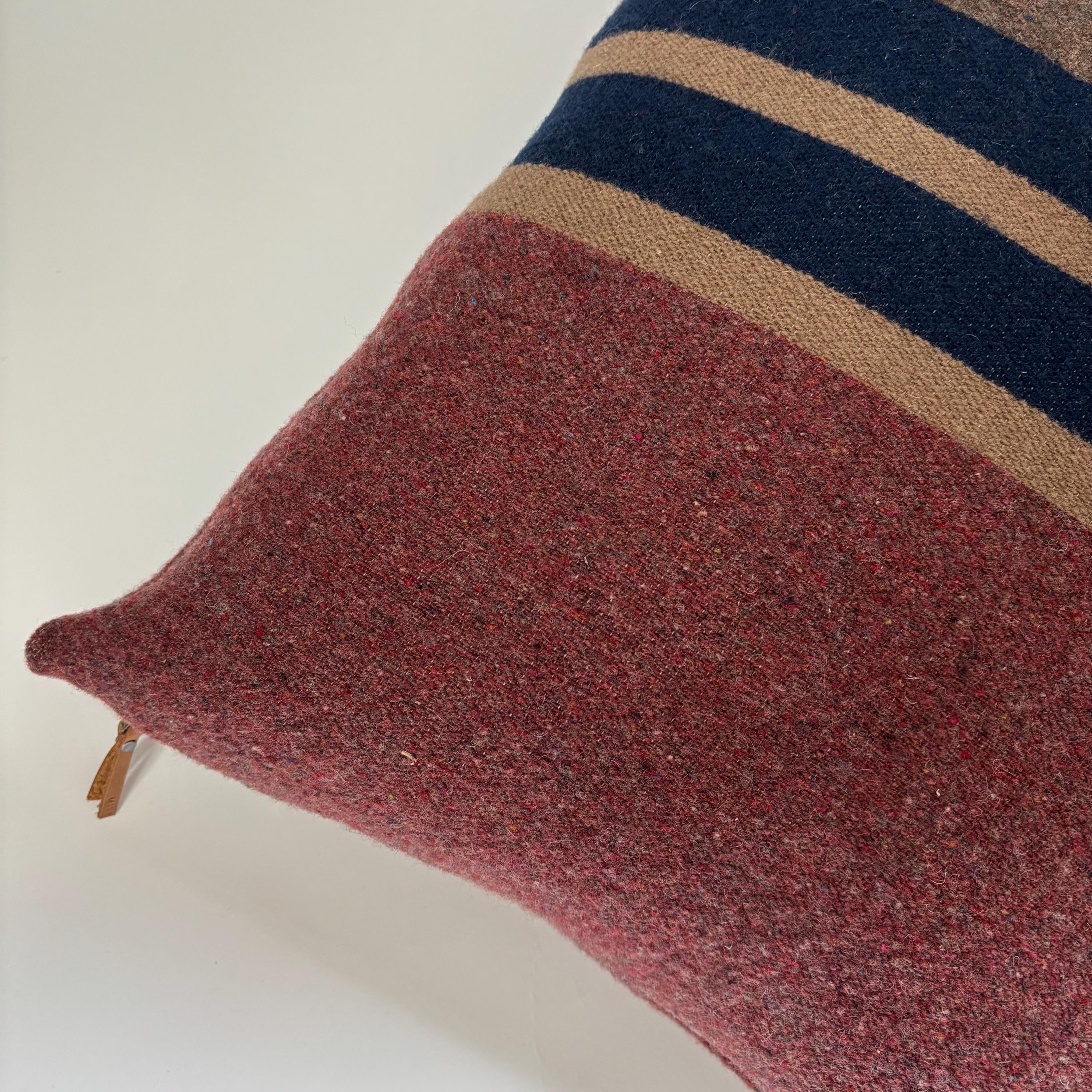 Wool Pillow Cover: Striped Pink Blue Tan, 20x20 Accent Pillow