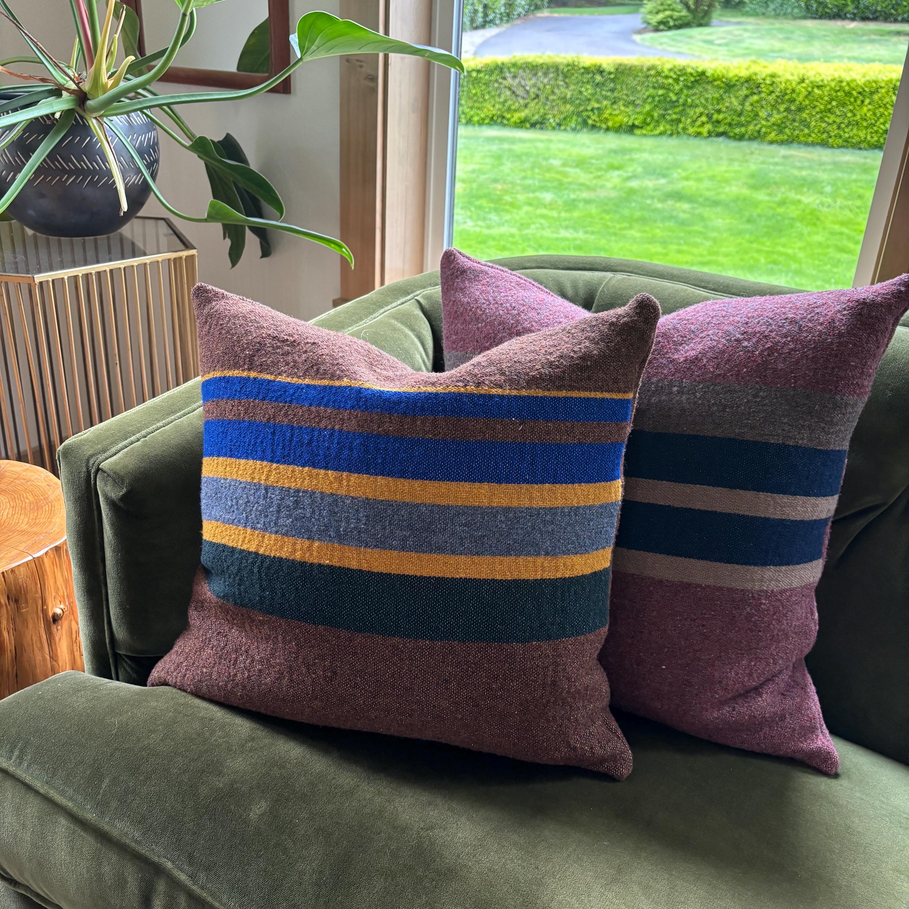 Wool Pillow Cover: Striped Pink Blue Tan, 20x20 Accent Pillow