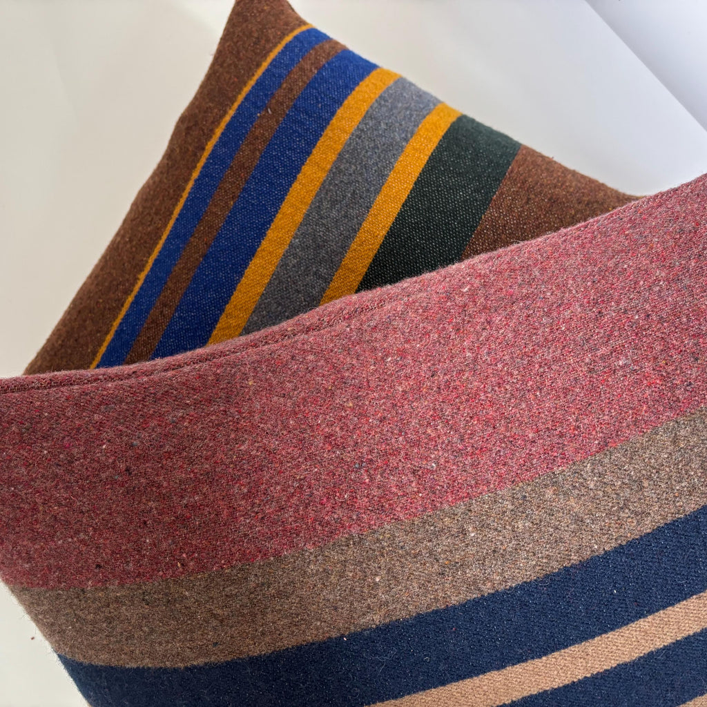 Wool Pillow Cover: Striped Pink Blue Tan, 20x20 Accent Pillow