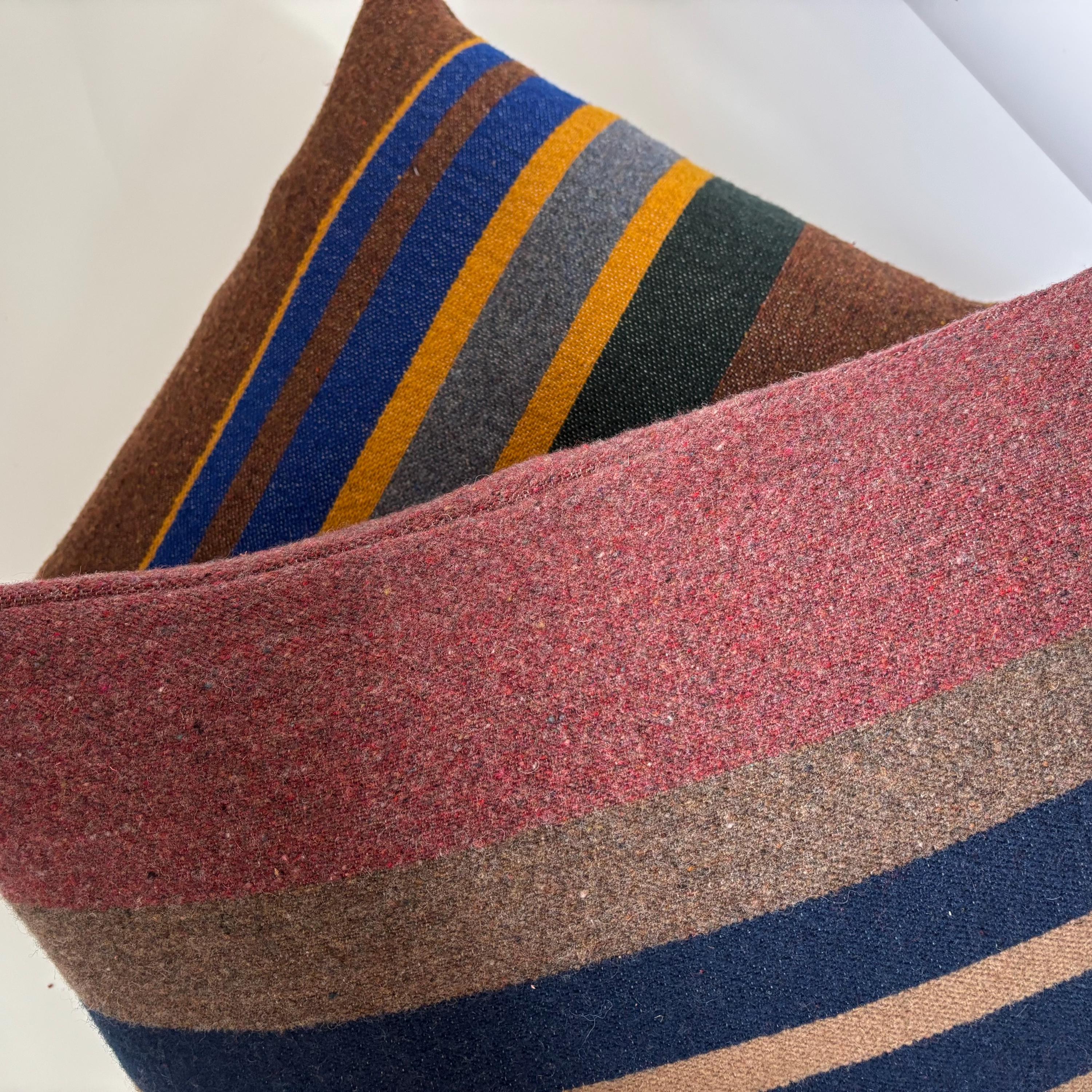 Wool Pillow Cover: Striped Pink Blue Tan, 20x20 Accent Pillow