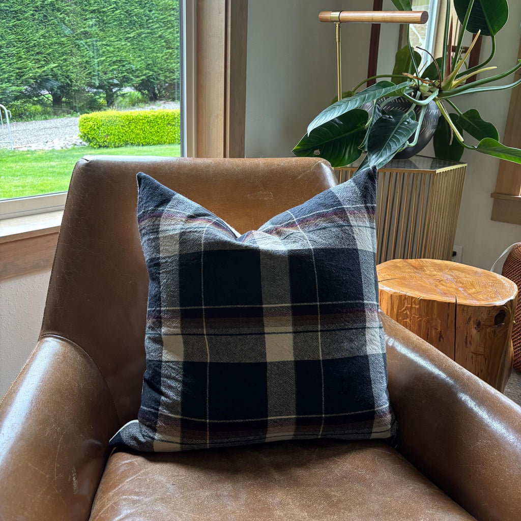 Black and cream plaid wool pillow cover exposed zipper-leather pull 24” 22” 20” 14x24 Handcrafted by misa housewarming gift