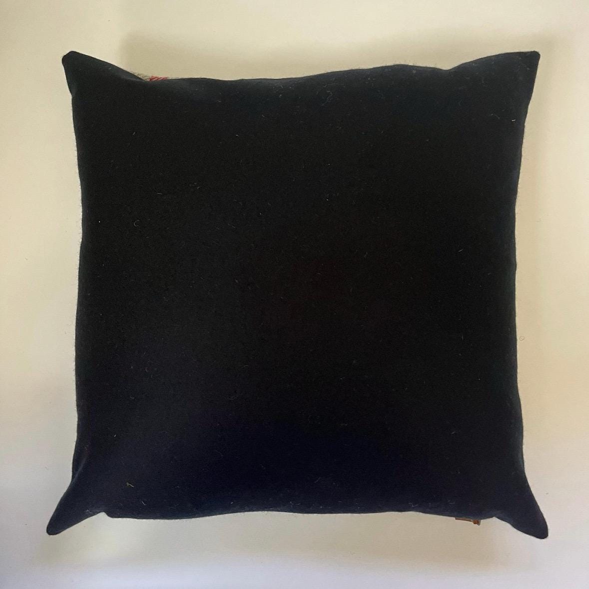 Handcrafted Cream Wool Pillow: Green Stripe, Leather Zipper Pull