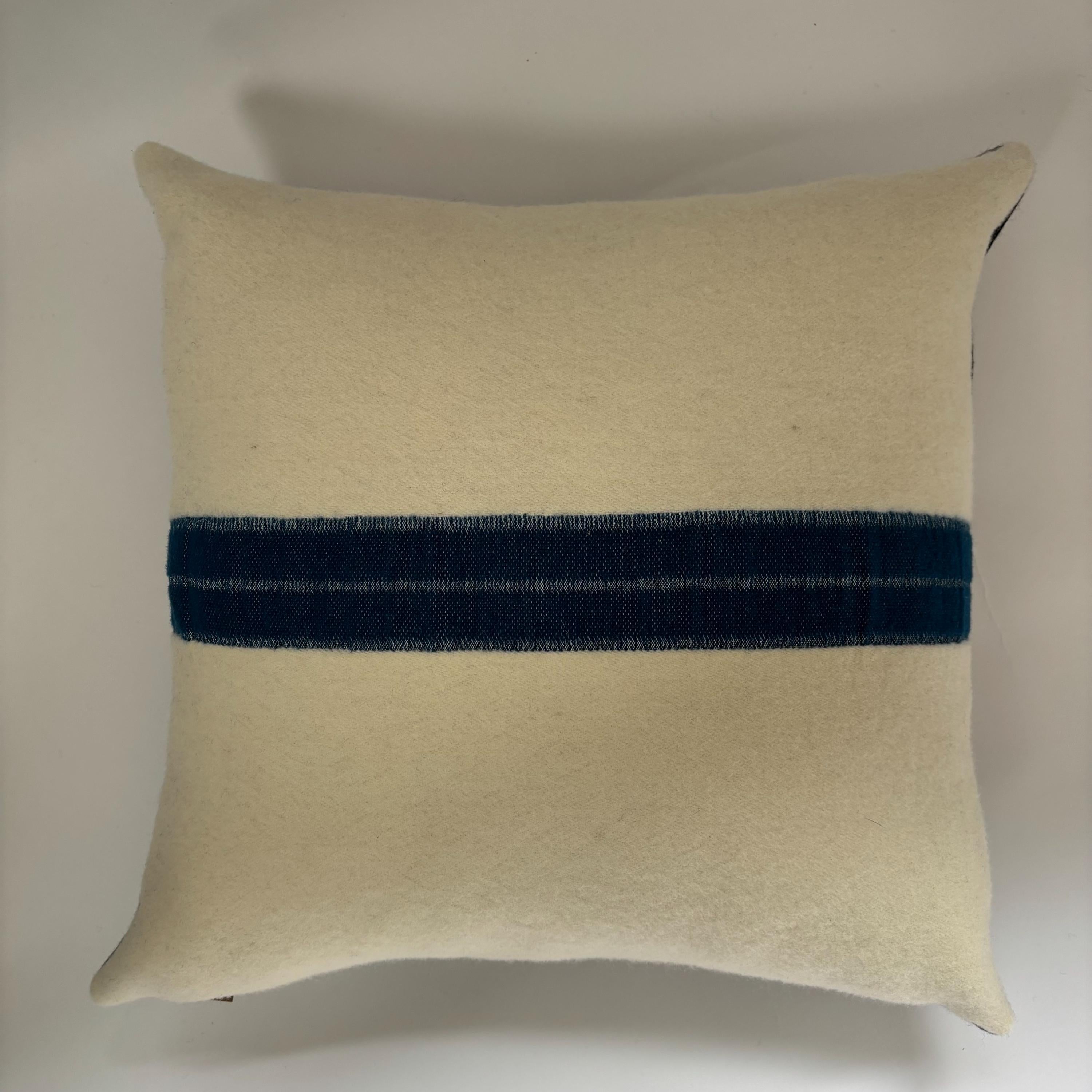 Handcrafted Cream Wool Pillow: Turquoise Stripe, Leather Zipper Pull